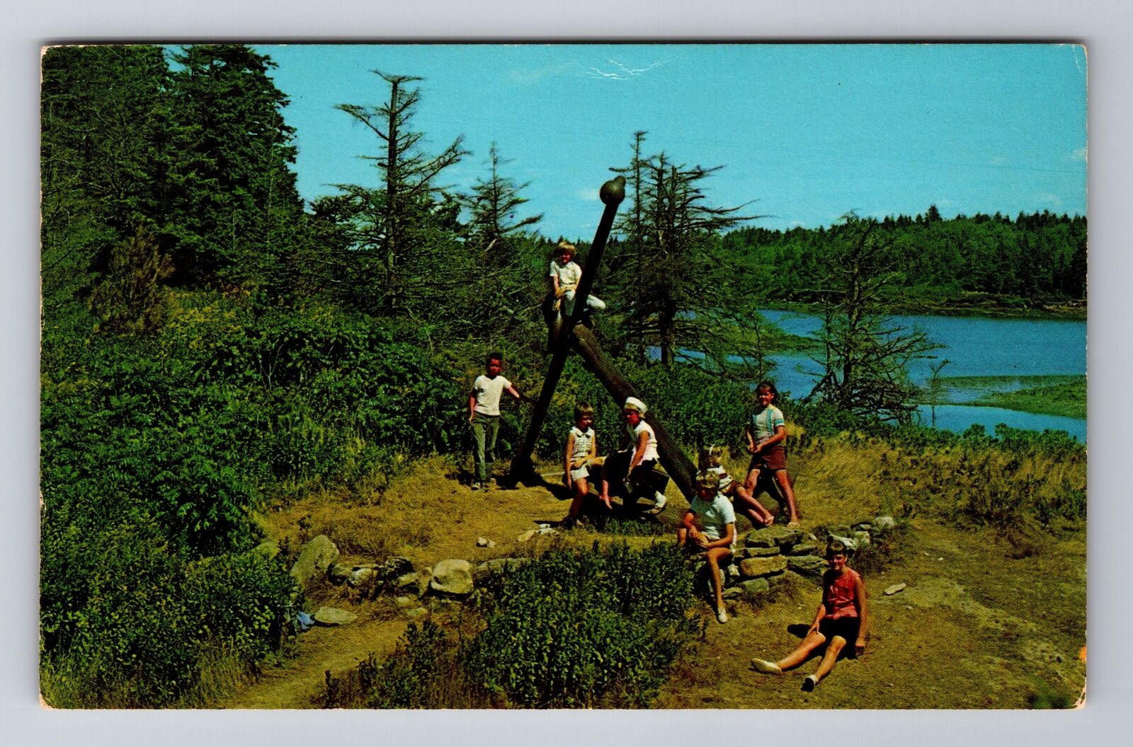 Small Point Beach ME-Maine, Happy Children Climb The Anchor, Vintage Postcard