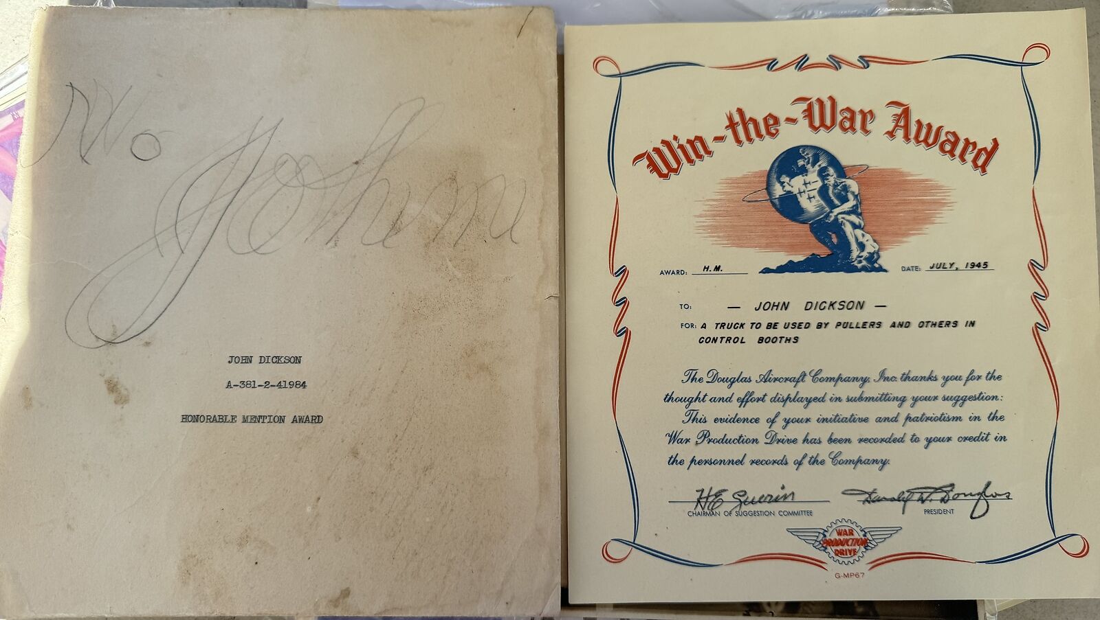 Vintage 1945 John Dickson Honorable Mention Win-the-War Award Certificate Signed