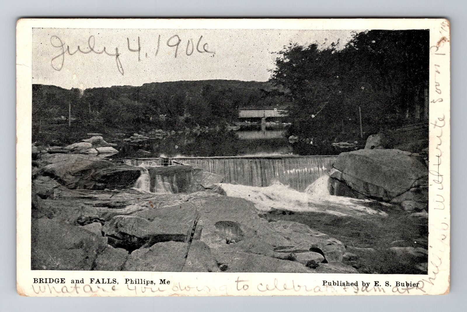Phillips ME-Maine, Bridge And Falls, Antique Vintage c1906 Souvenir Postcard