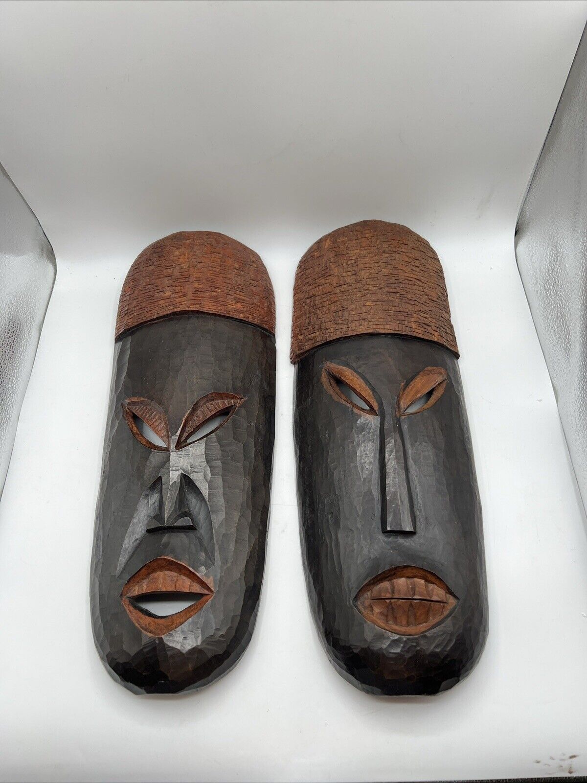 Vintage African Hand Carved Wooden Tribal Mask Wall Hanging Pair 21”x7.5”