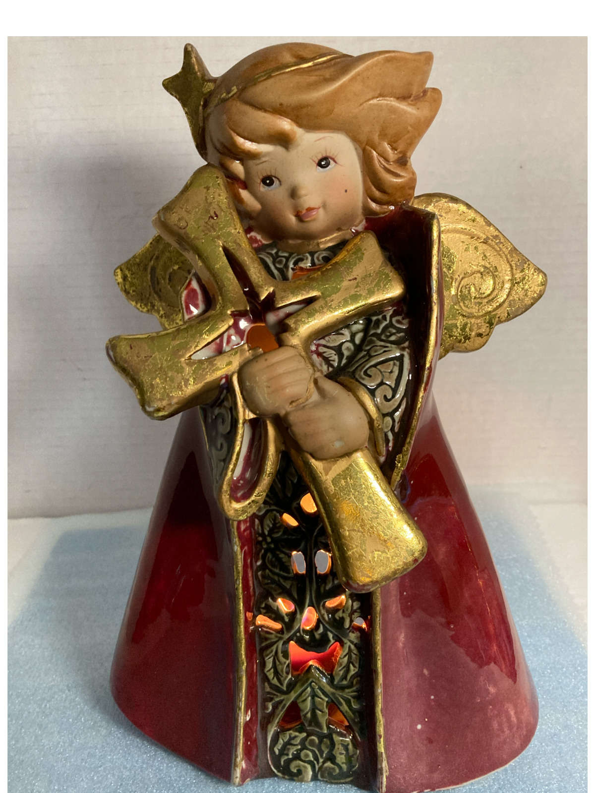 Tealight Angel Girl Holding a Cross Ceramic Figurine