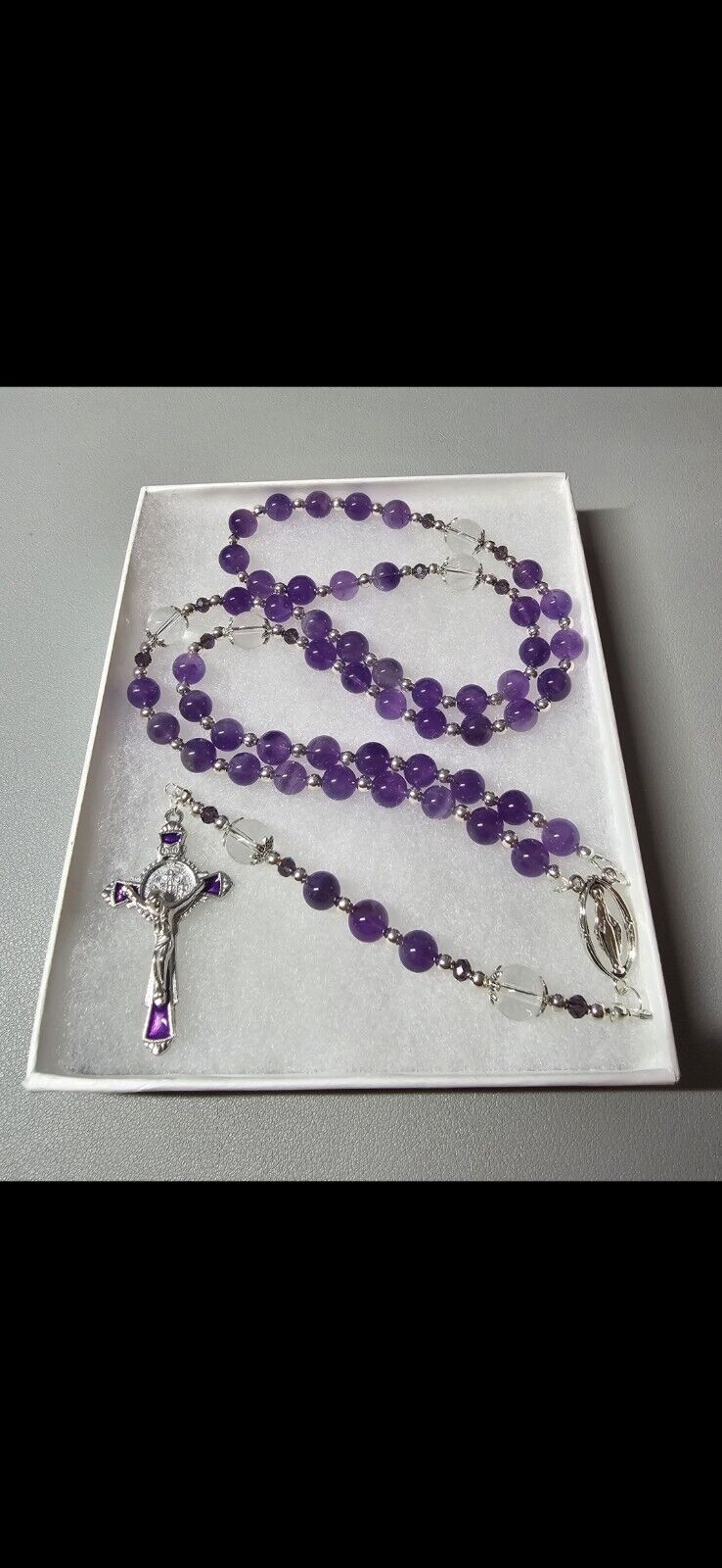 Large One Of A Kind Hand Crafted Rosary Made With Natural Amethyst And Quartz
