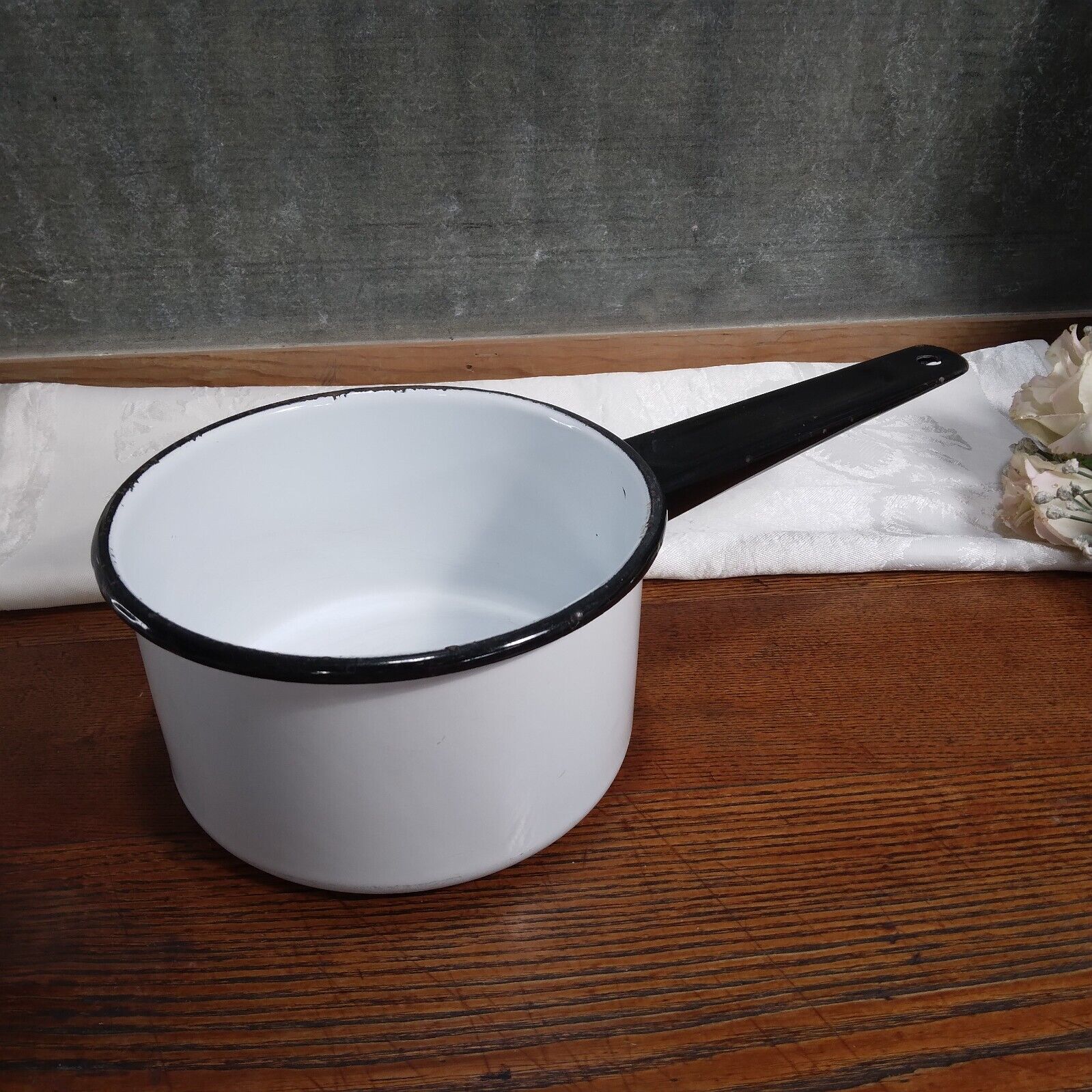 Vintage White With Black Trim Enamel Sauce Pan Small Enamelware Pot with Handle