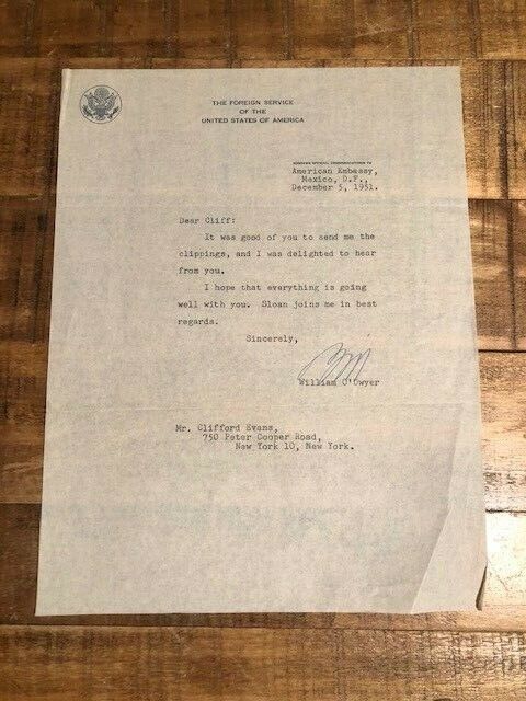 SIGNED Letter to Clifford Evans from William O'Dwyer (American Emb Mex)Dec 1951