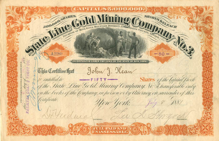 State Line Gold Mining Co. No. 3 - Stock Certificate - Mining Stocks