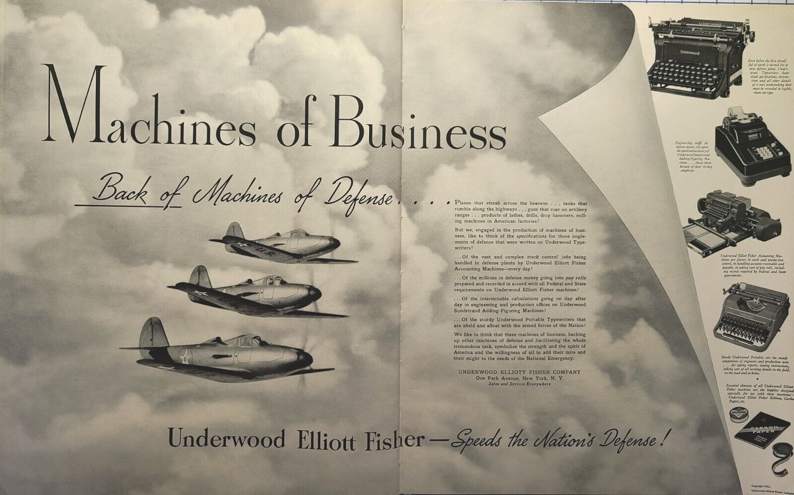 Underwood Elliott Fisher Business Machines Power Defense Vintage Print Ad 1941