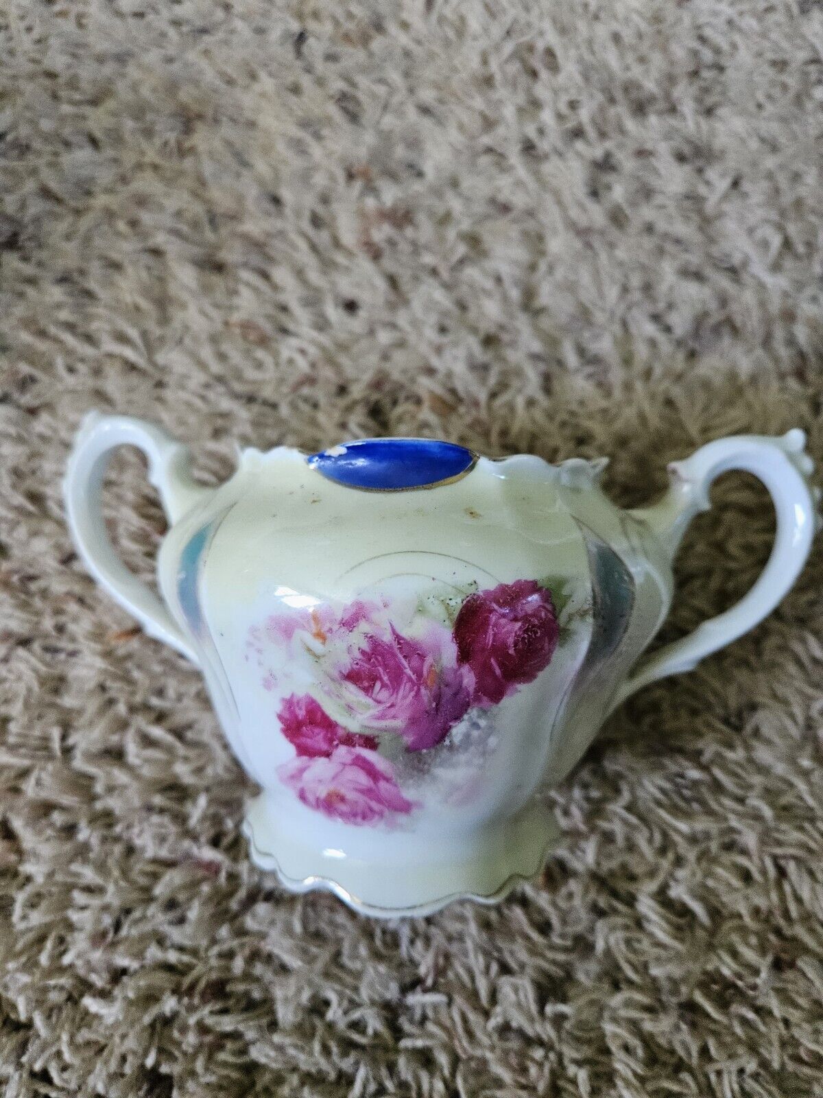 VTG/Antique Germany Porcelain Sugar Bowl No Lid Purple Lusterware Pink Roses 