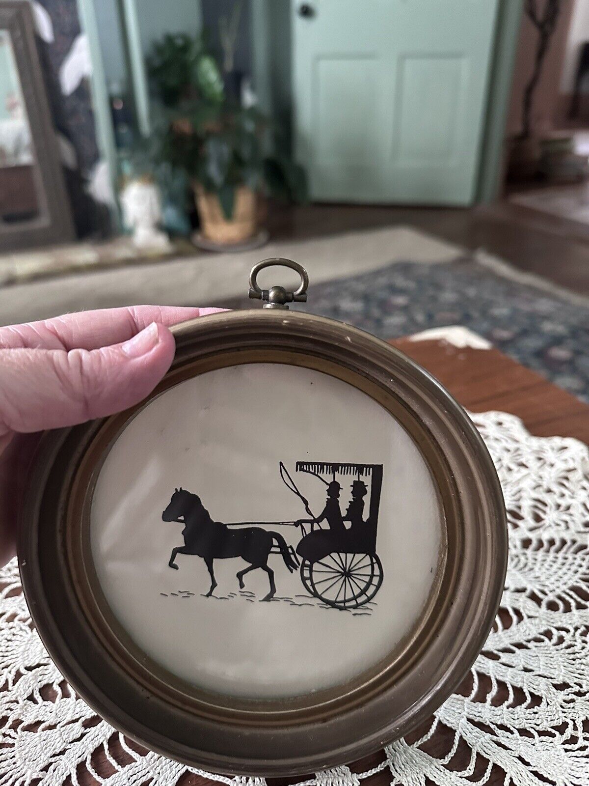 Vintage 1960s Horse Drawn Carriage Silhouette Style Round Picture. 