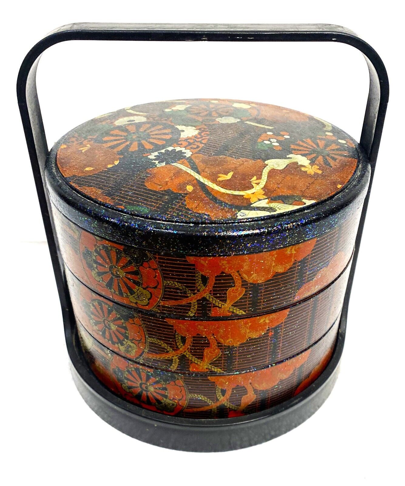 Vintage Japanese Lacquer Bento Lunch Storage 3 Tier Stackable Box - 8.3