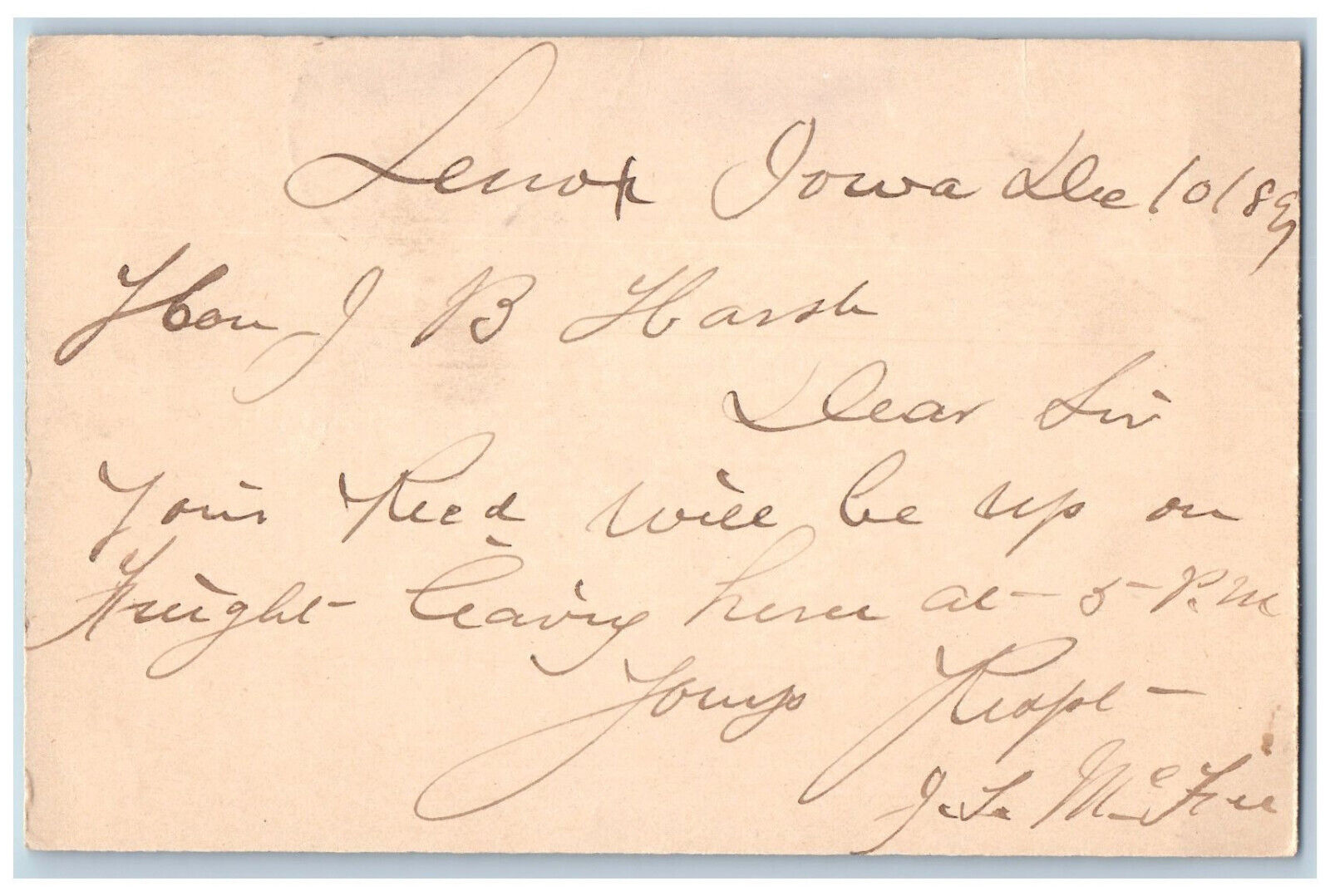Lenox Iowa IA Creston IA Postal Card Letter for JB Hank 1897 Antique Posted