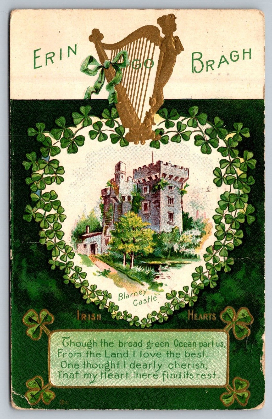 Antique St. Patrick's Day Postcard Featuring Irish Hearts, Harp, Blarney Castle