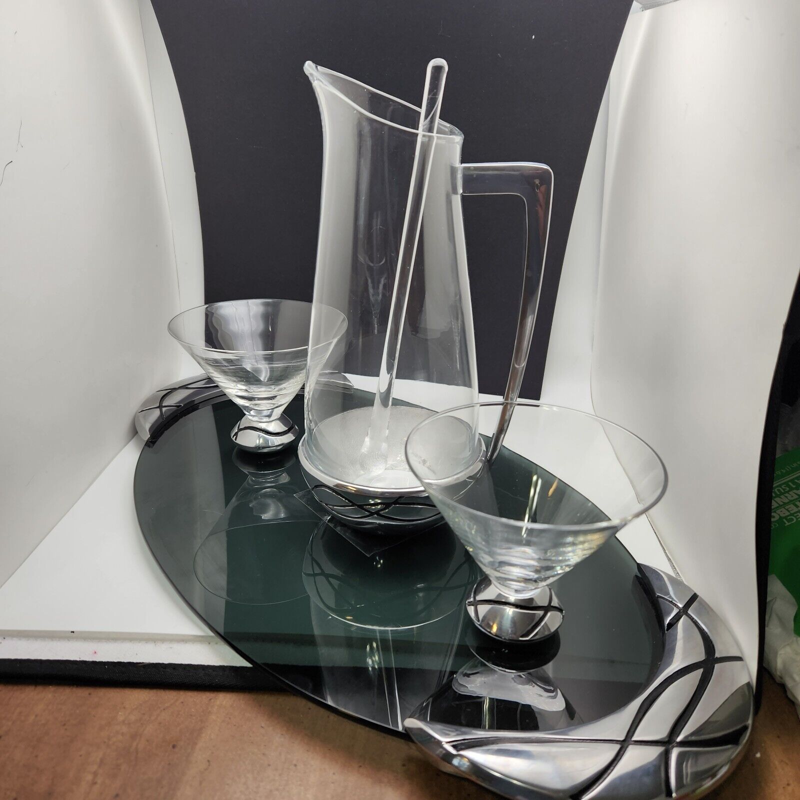 Vintage LENOX MARTINI  BARWARE MCM Glass Elegant Black Tray 5 PC Set