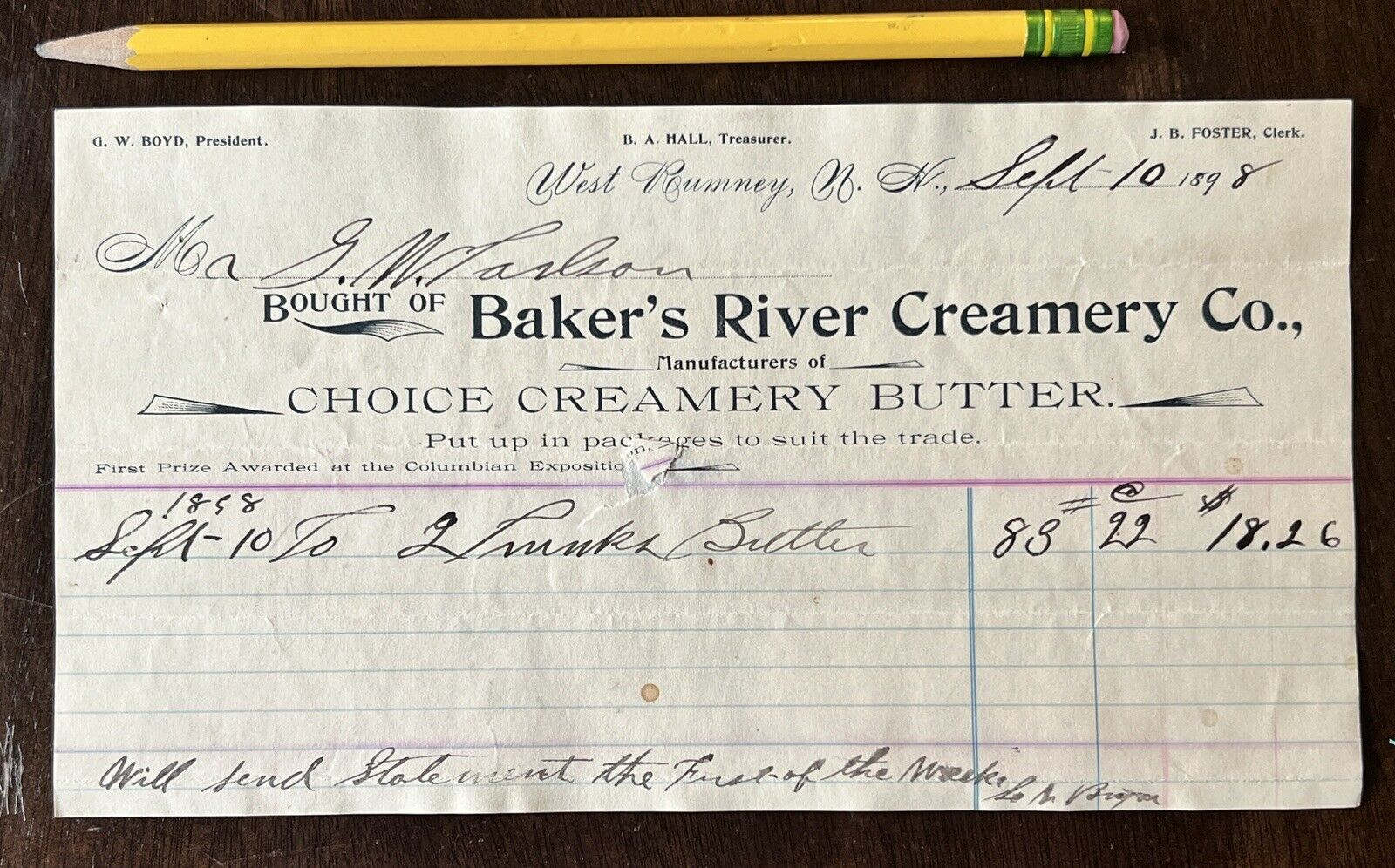 1898 WEST RUMNEY NH NEW HAMPSHIRE BAKER\'S RIVER CREAMERY CO. INVOICE RECEIPT