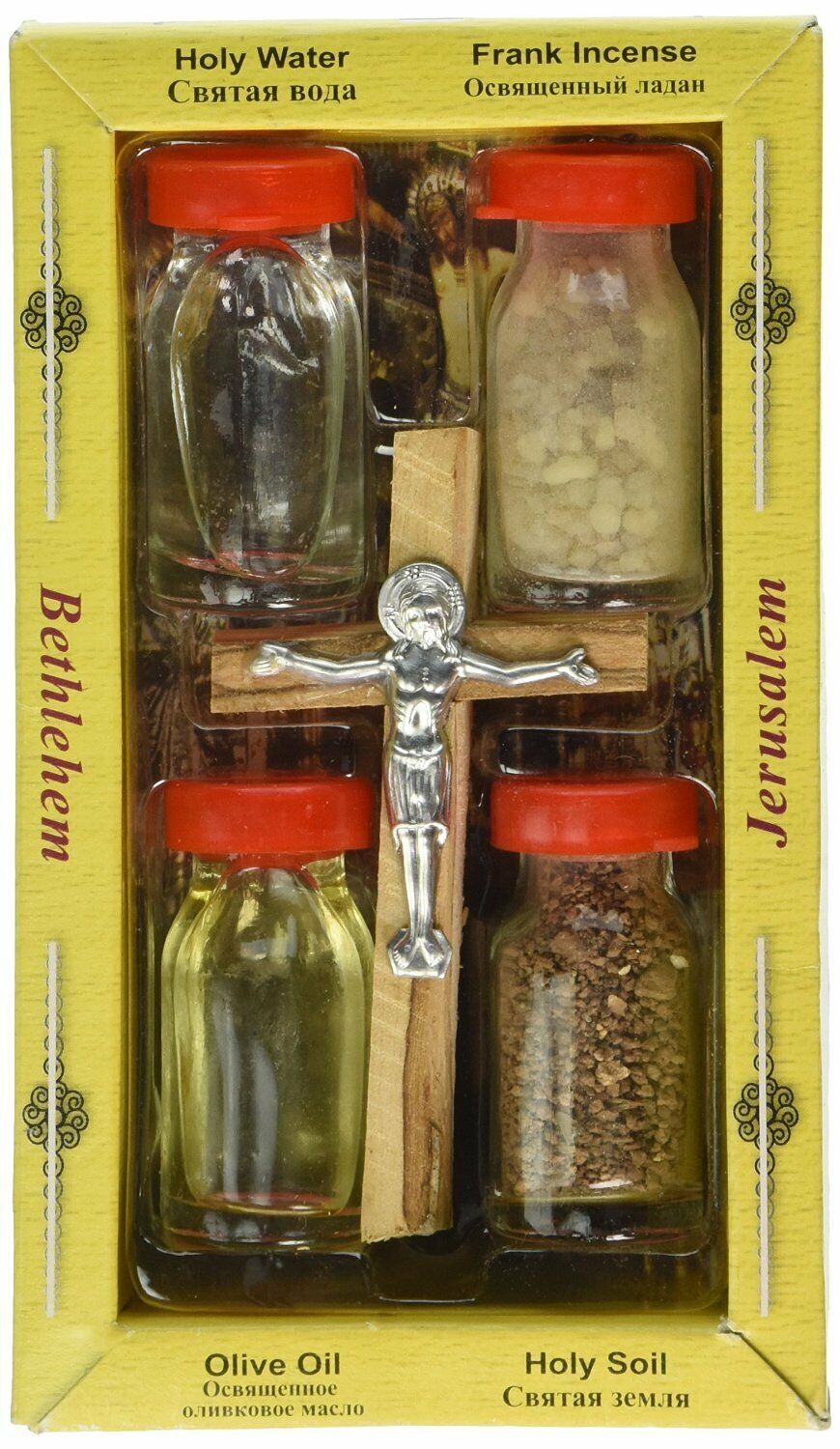 Holy Land Set 5 in 1 Olive Wood Cross Set with 3 Bottles - Oil, Jordan