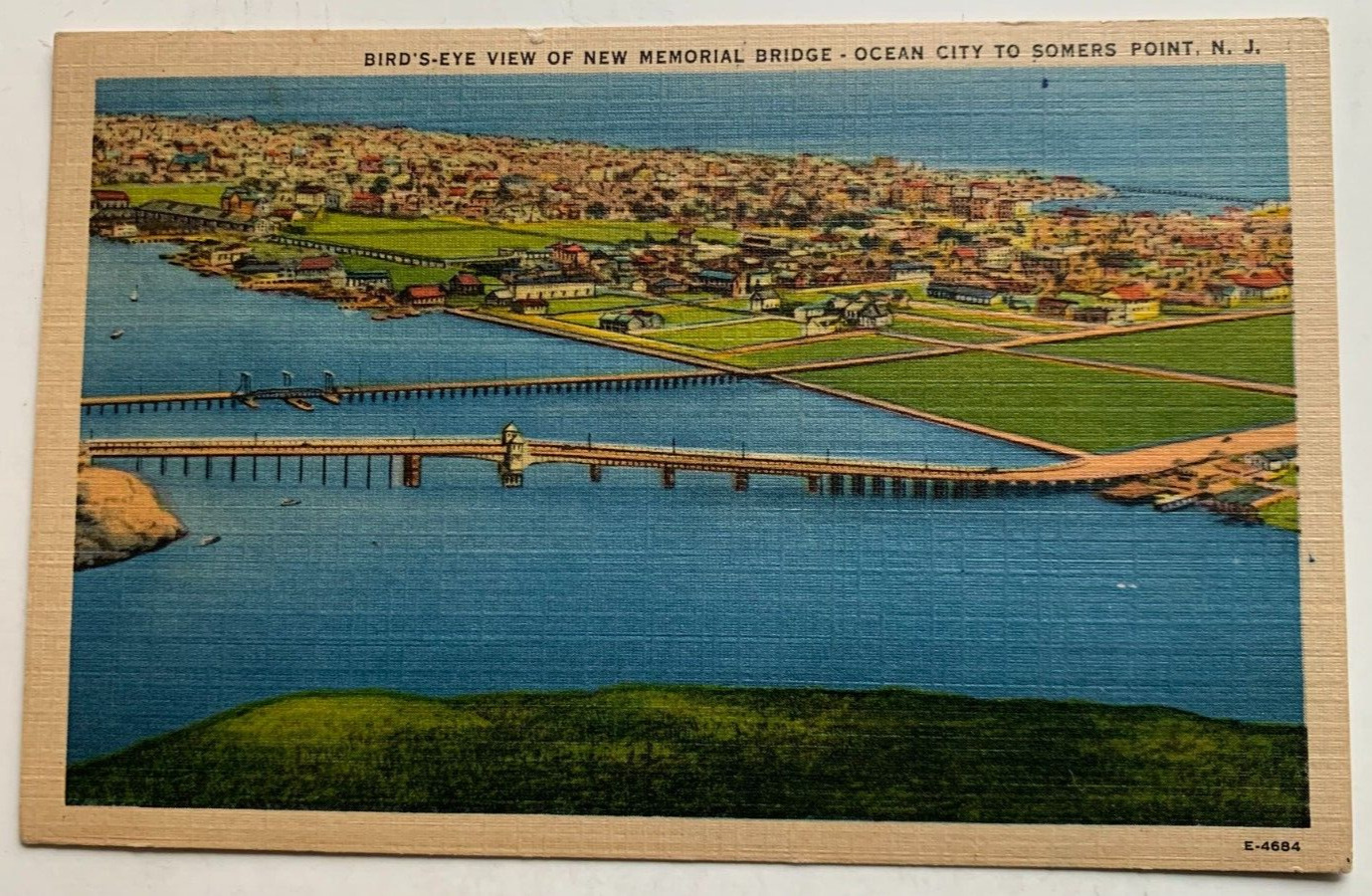 1947 NJ Postcard Ocean City Bird's Eye View Memorial Bridge Somers Point vintage
