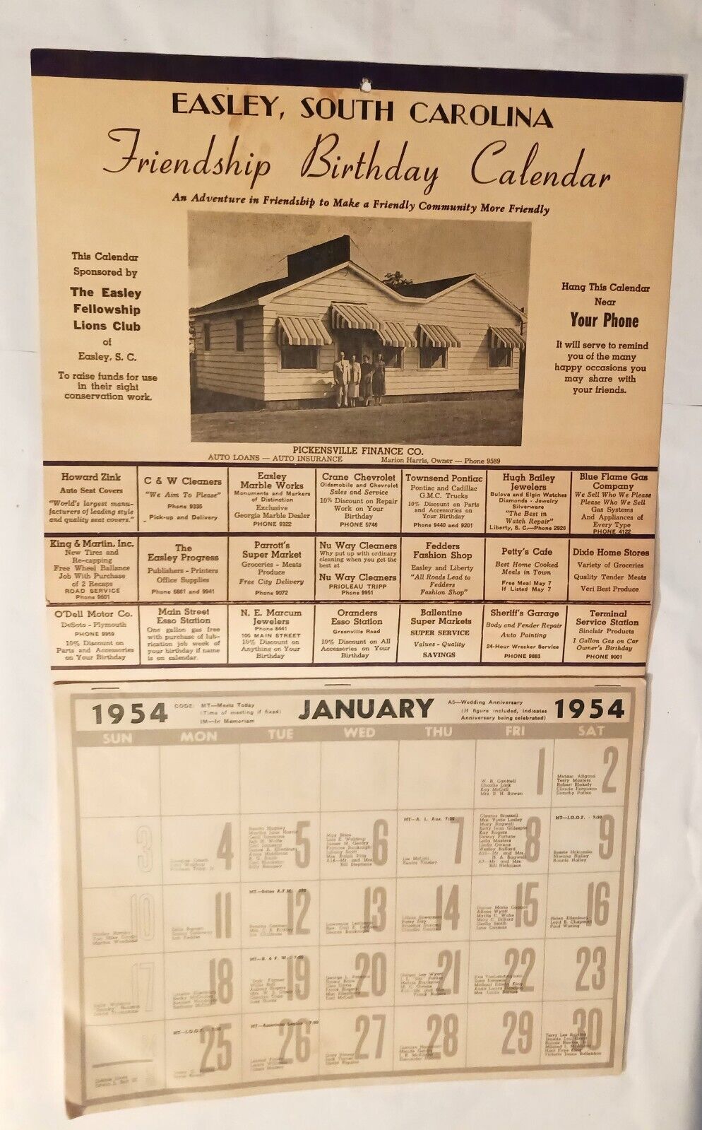 Easley South Carolina 1954 Friendship Birthday Calendar All 12 Months with Names