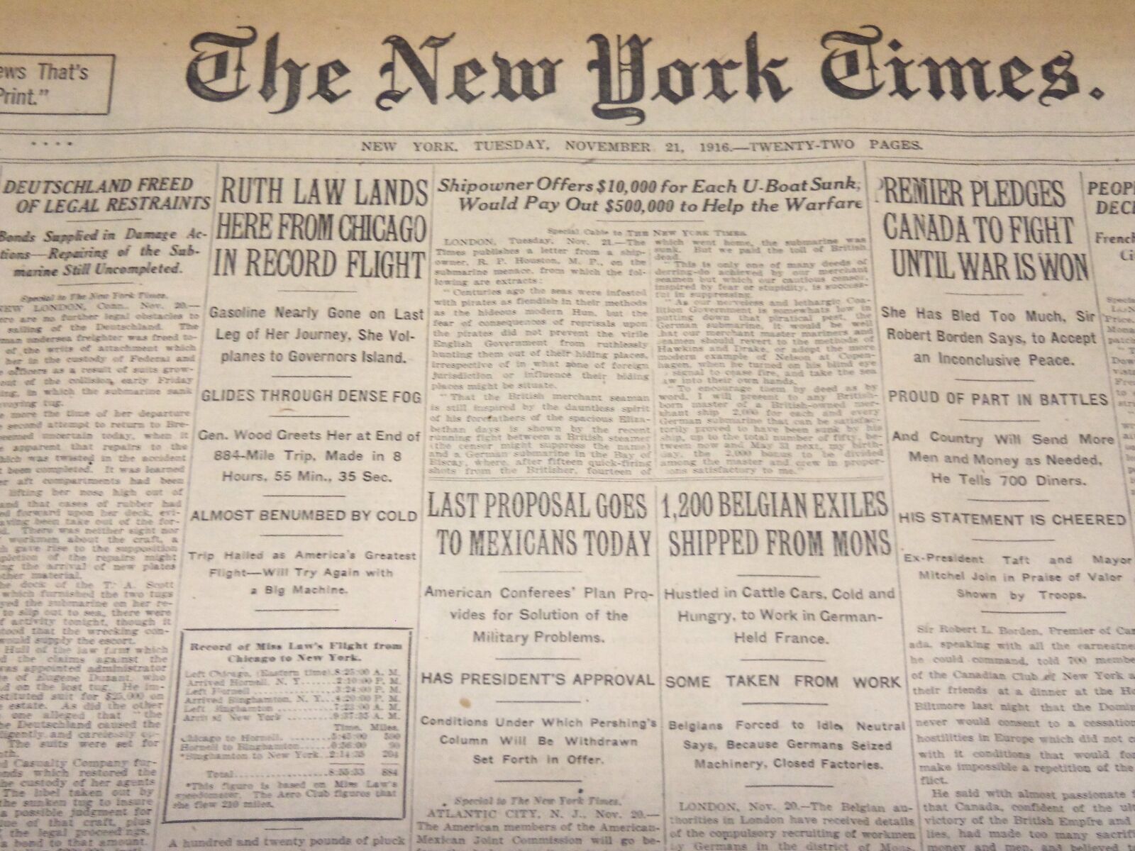 1916 NOV 21 NEW YORK TIMES NEWSPAPER- RUTH LAW LANDS HERE FROM CHICAGO - NT 7724