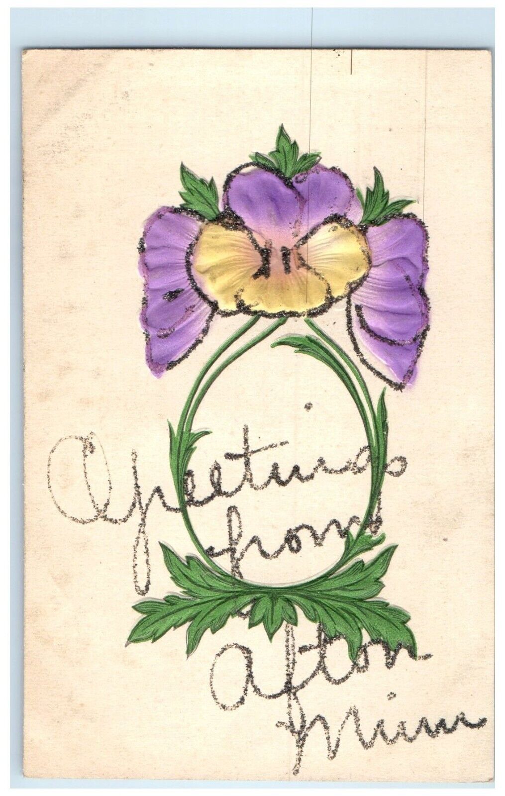 c1910 Greetings From Afton Minnesota MN Glitter Flower Embossed Vintage Postcard