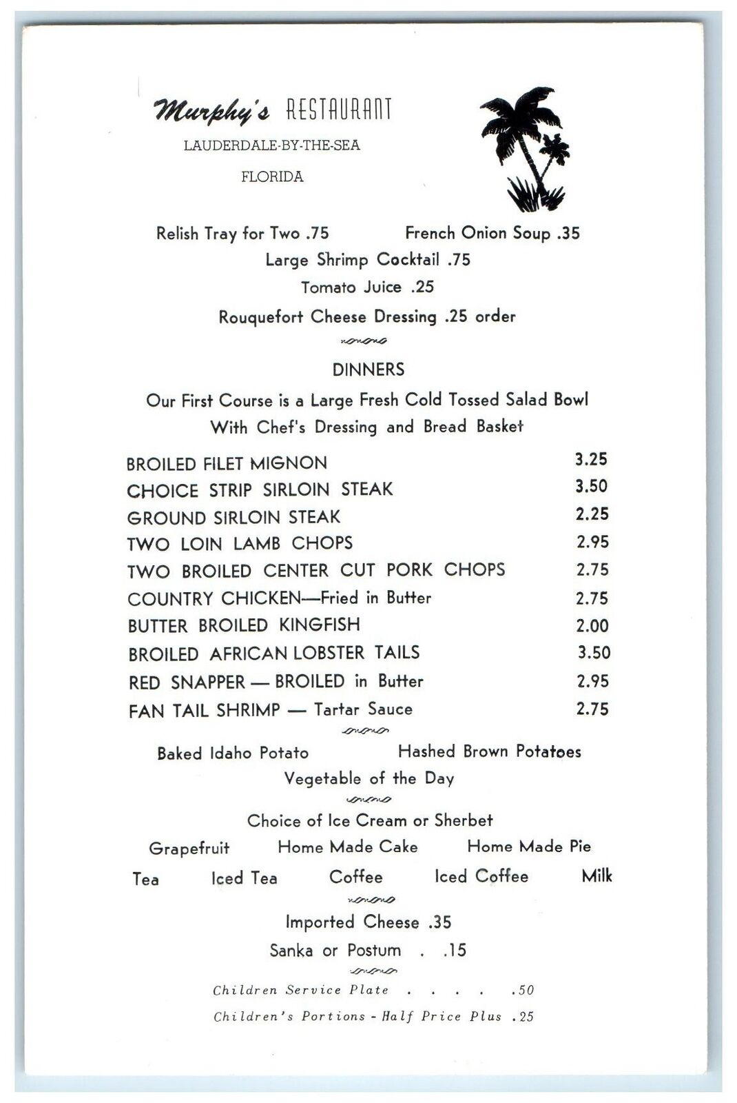 c1960's Murphy's Restaurant Menu Advertisement Lauderdale Florida FL Postcard
