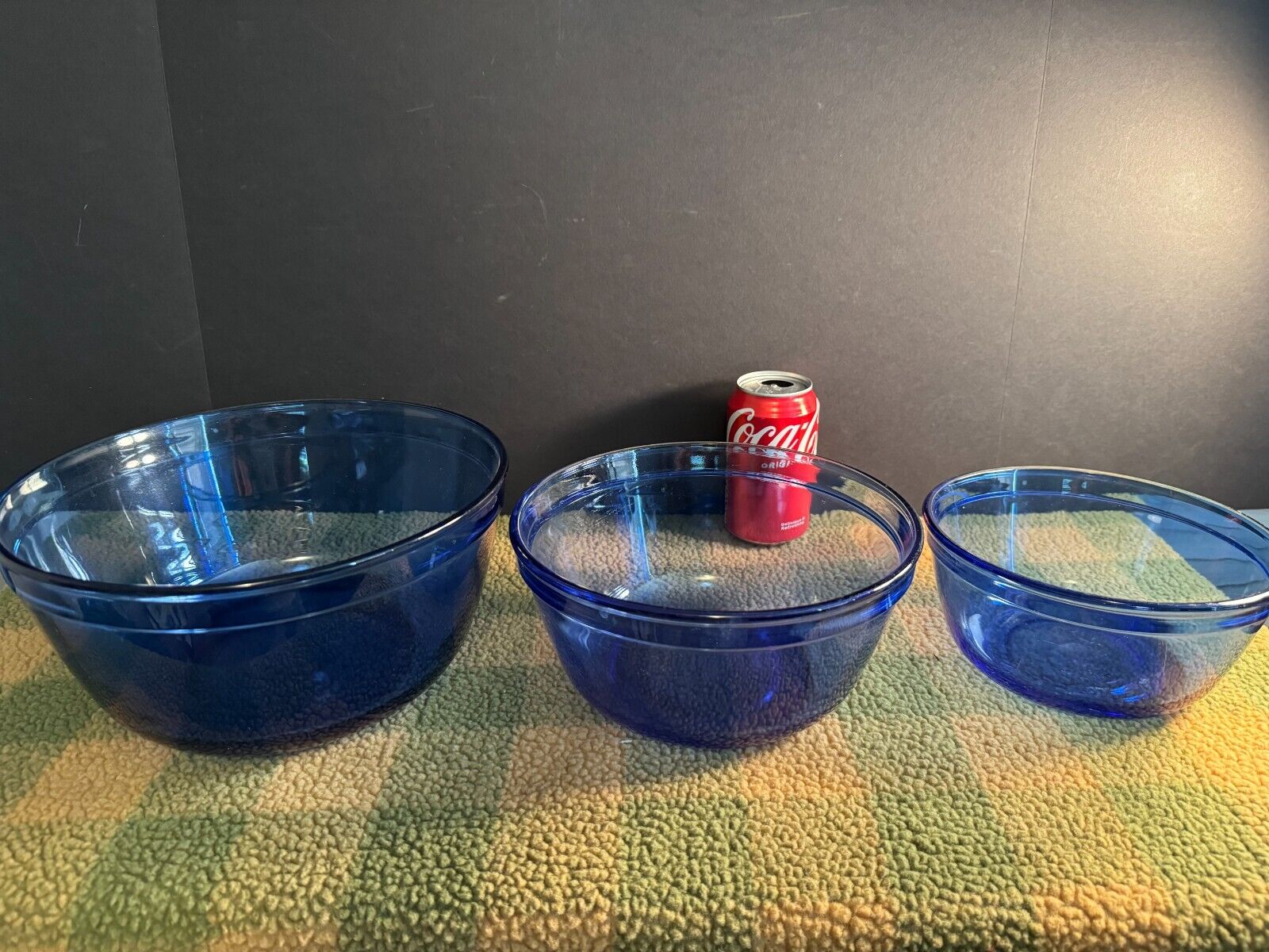 Vintage 3 pc Set Anchor Hocking Cobalt Blue Glass Mixing Nesting Bowls Ovenware