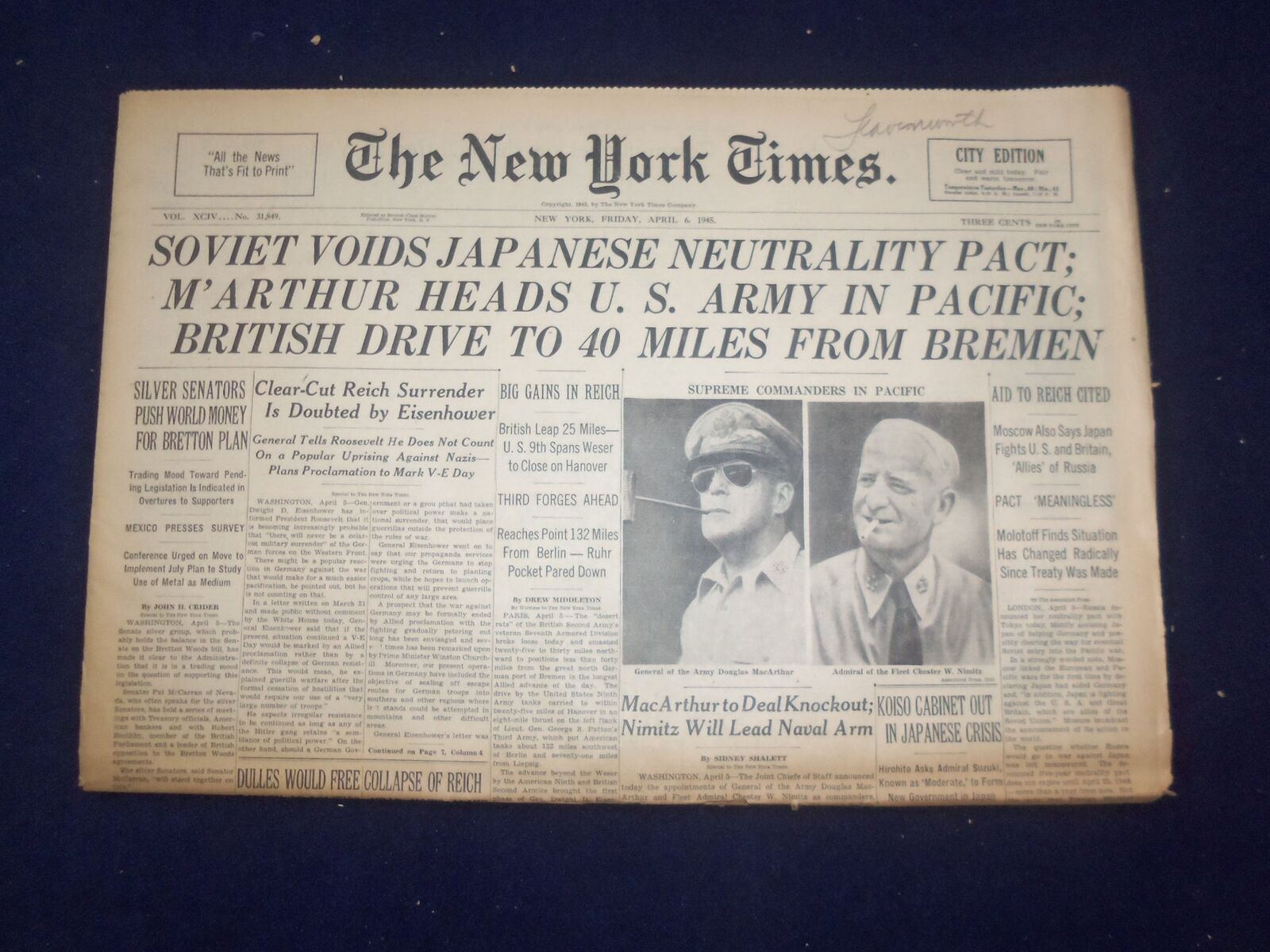 1945 APRIL 6 NEW YORK TIMES - SOVIET VOIDS JAPANESE NEUTRALITY PACT - NP 6687