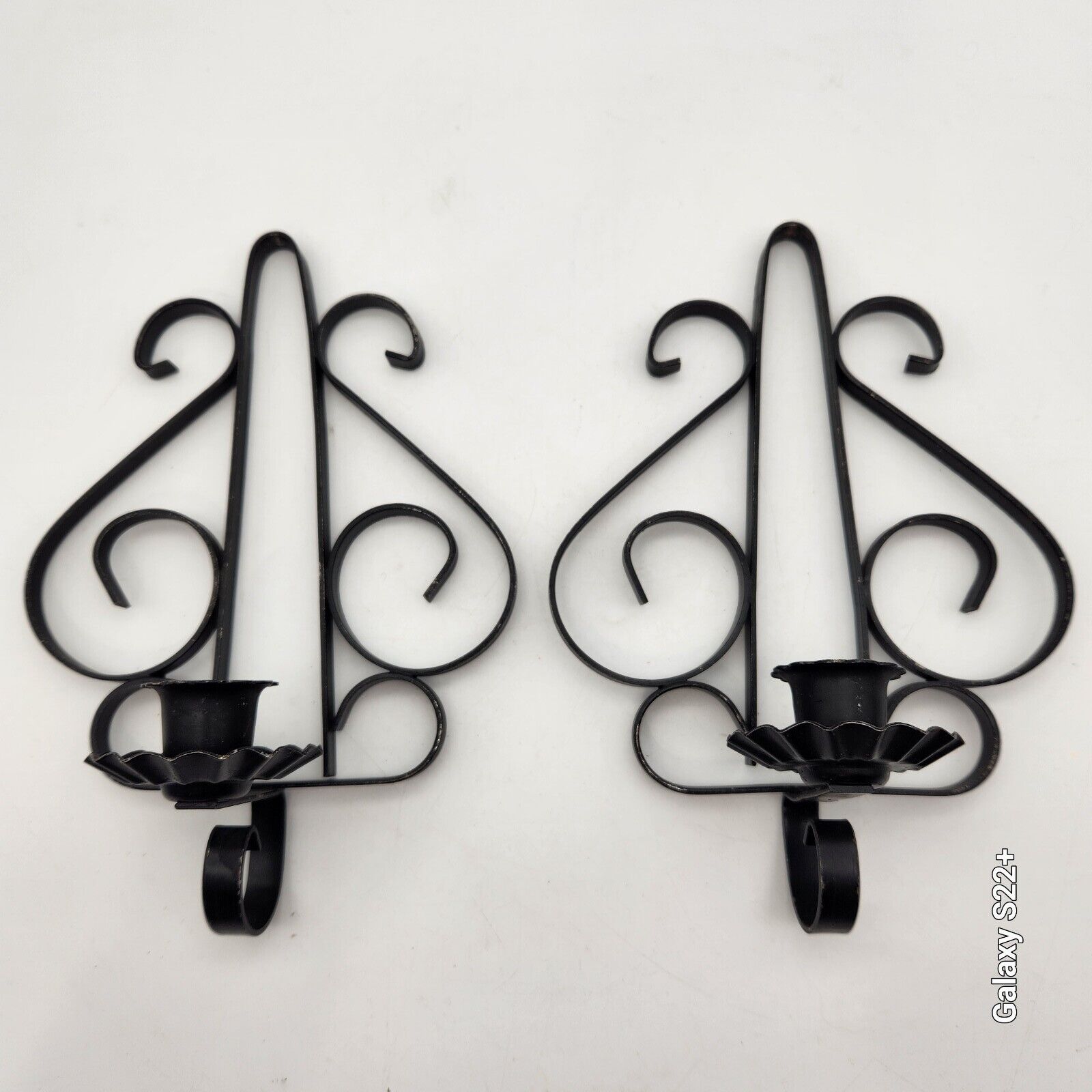 Vintage Wrought Iron Wall Sconces MCM 1960 Rustic Black Metal Scroll Grannycore