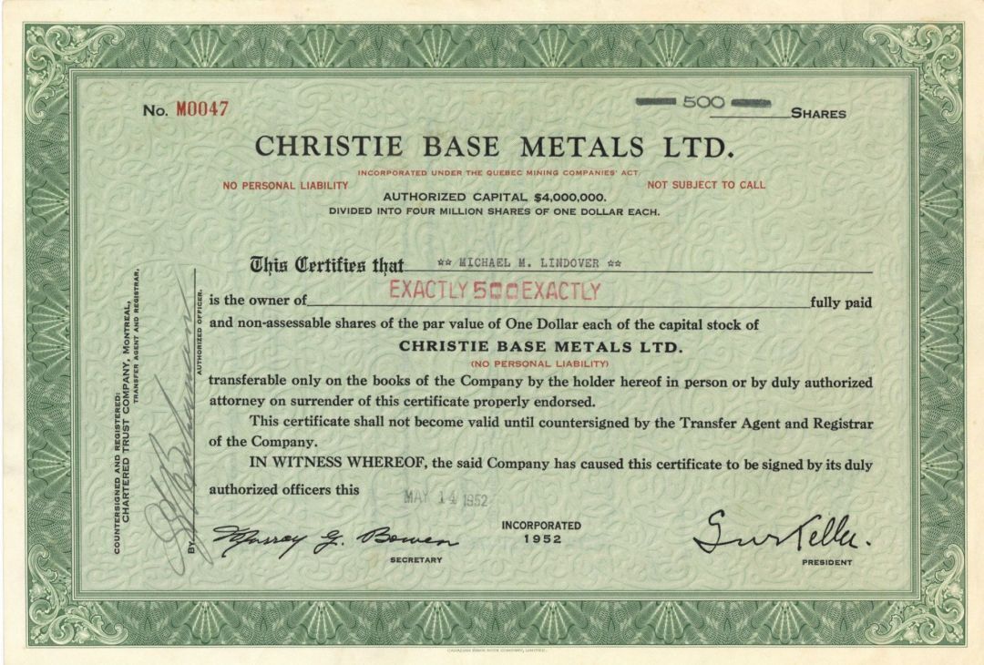 Christie Base Metals Ltd. - 1952 or 1953 dated Canadian Stock Certificate - Fore