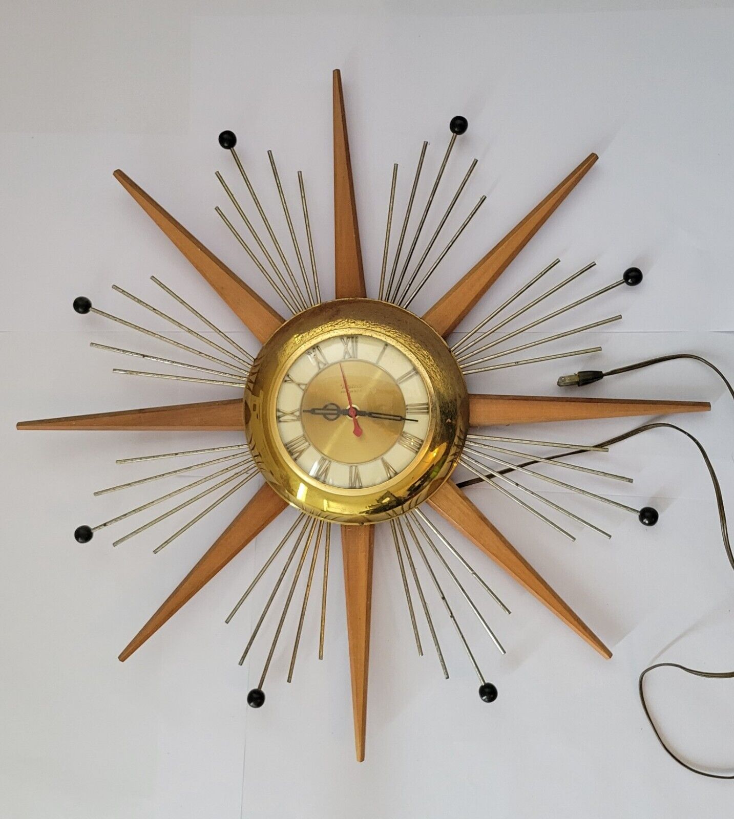 Vintage Sun Burst Wooden & Brass Wall Clock