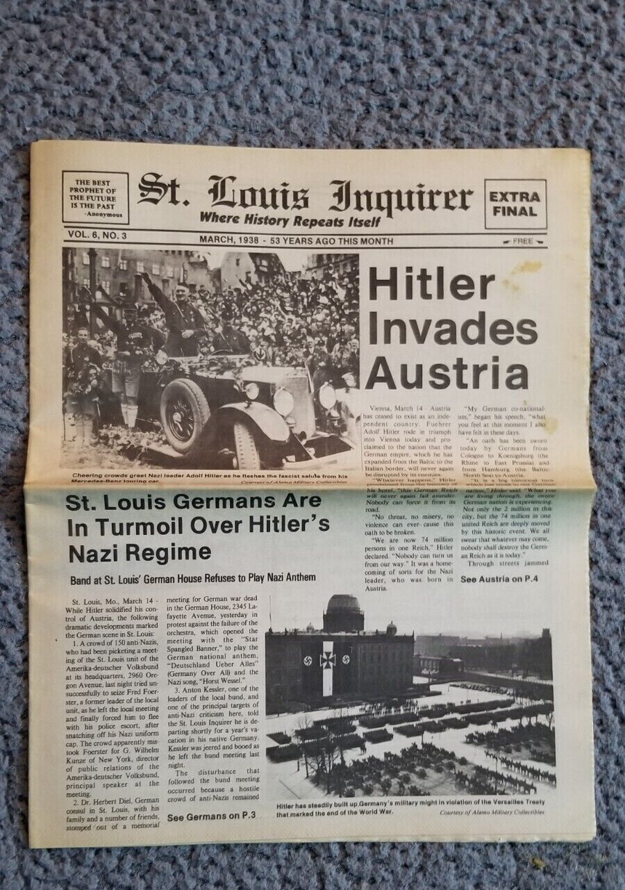 Vintage St Louis Inquirer Newspaper Adolf Hitler Invades 1938 Complete Paper Mo