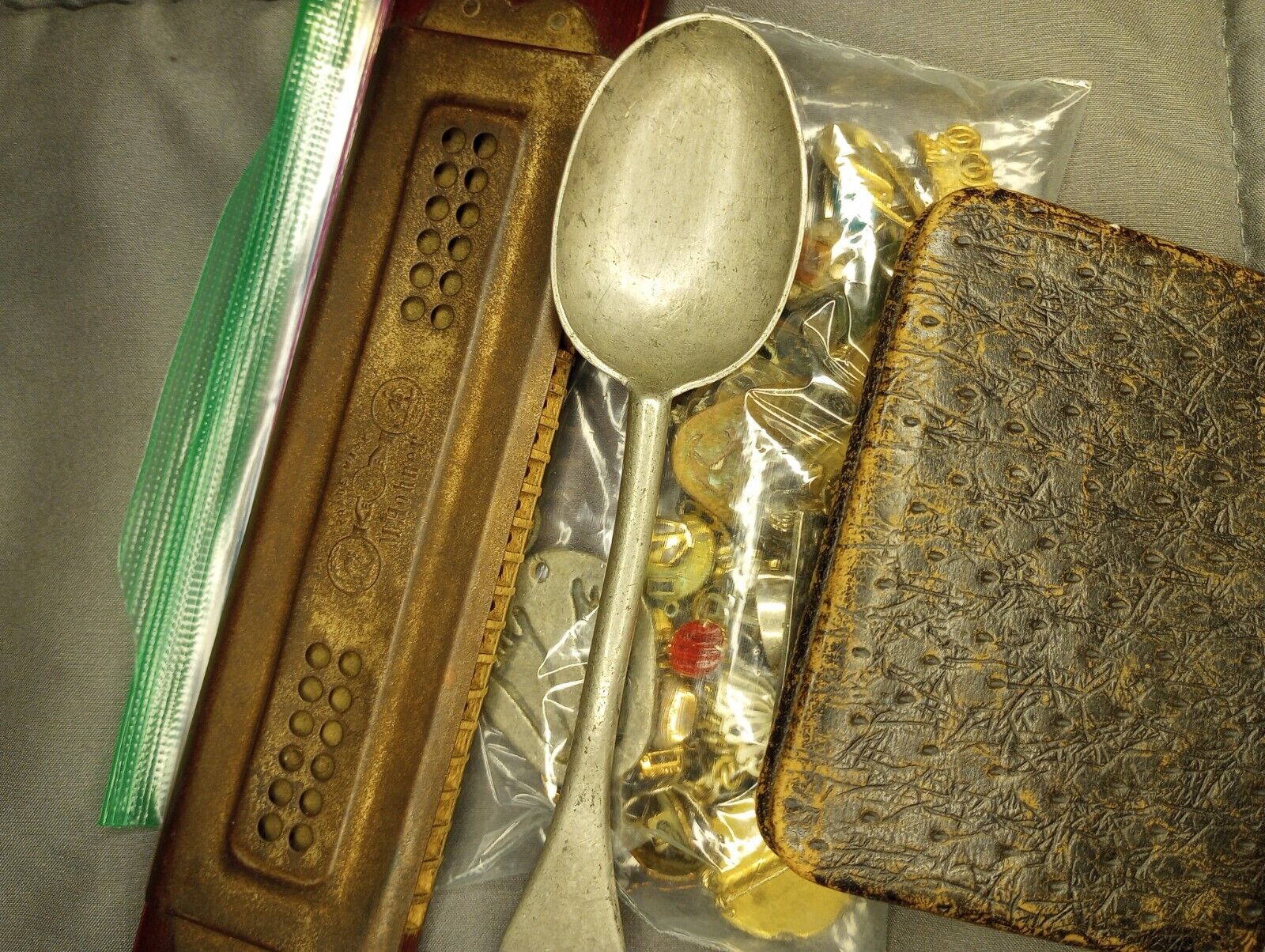 Antique Vintage Lot Case Harmonica Jewelry Pewter Spoon