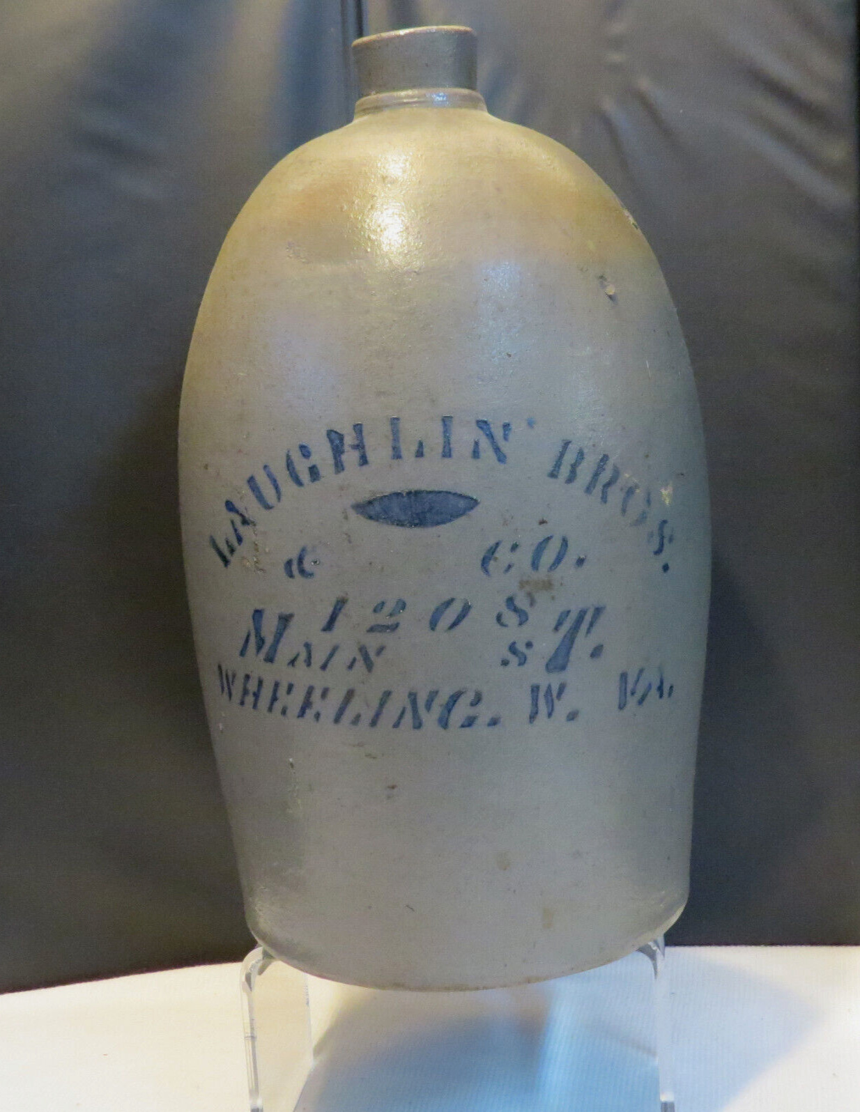 Antique c. 1890, LAUGHLIN BROS Stoneware DRUGGIST, WHEELING, WV, Advertising JUG