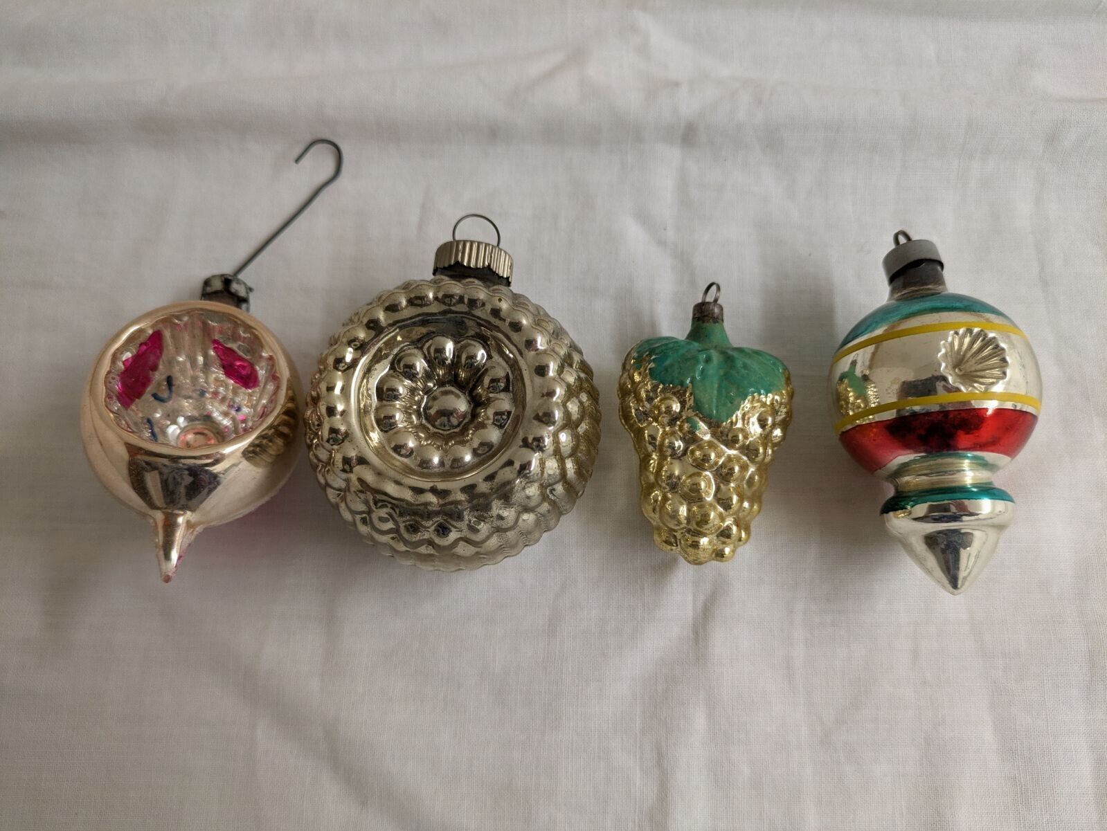 Vtg. Christmas ornaments: 4 lot variety, mercury glass.