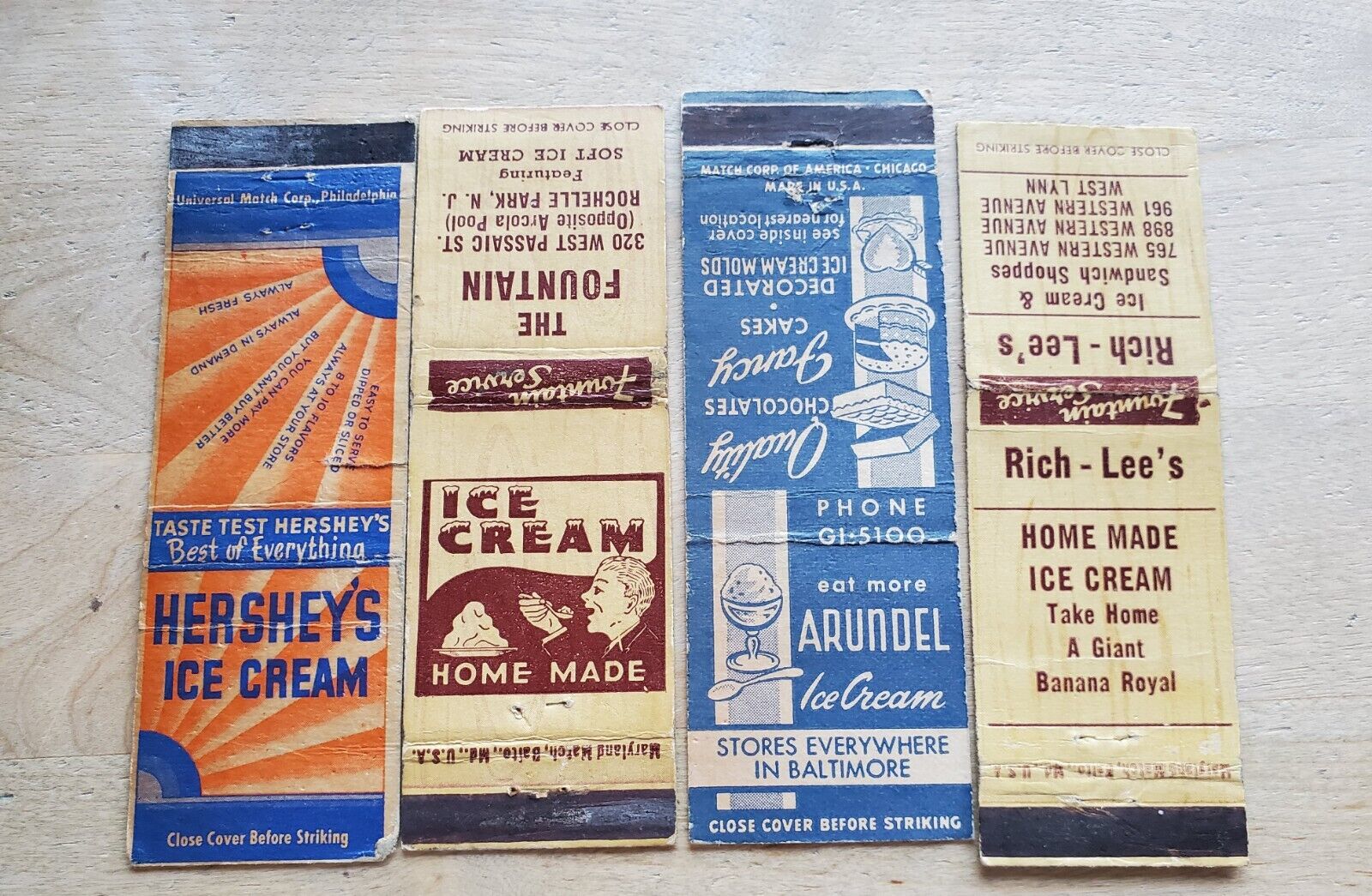 LOT OF FOUR ICE CREAM RELATED MATCHBOOK COVERS: F+