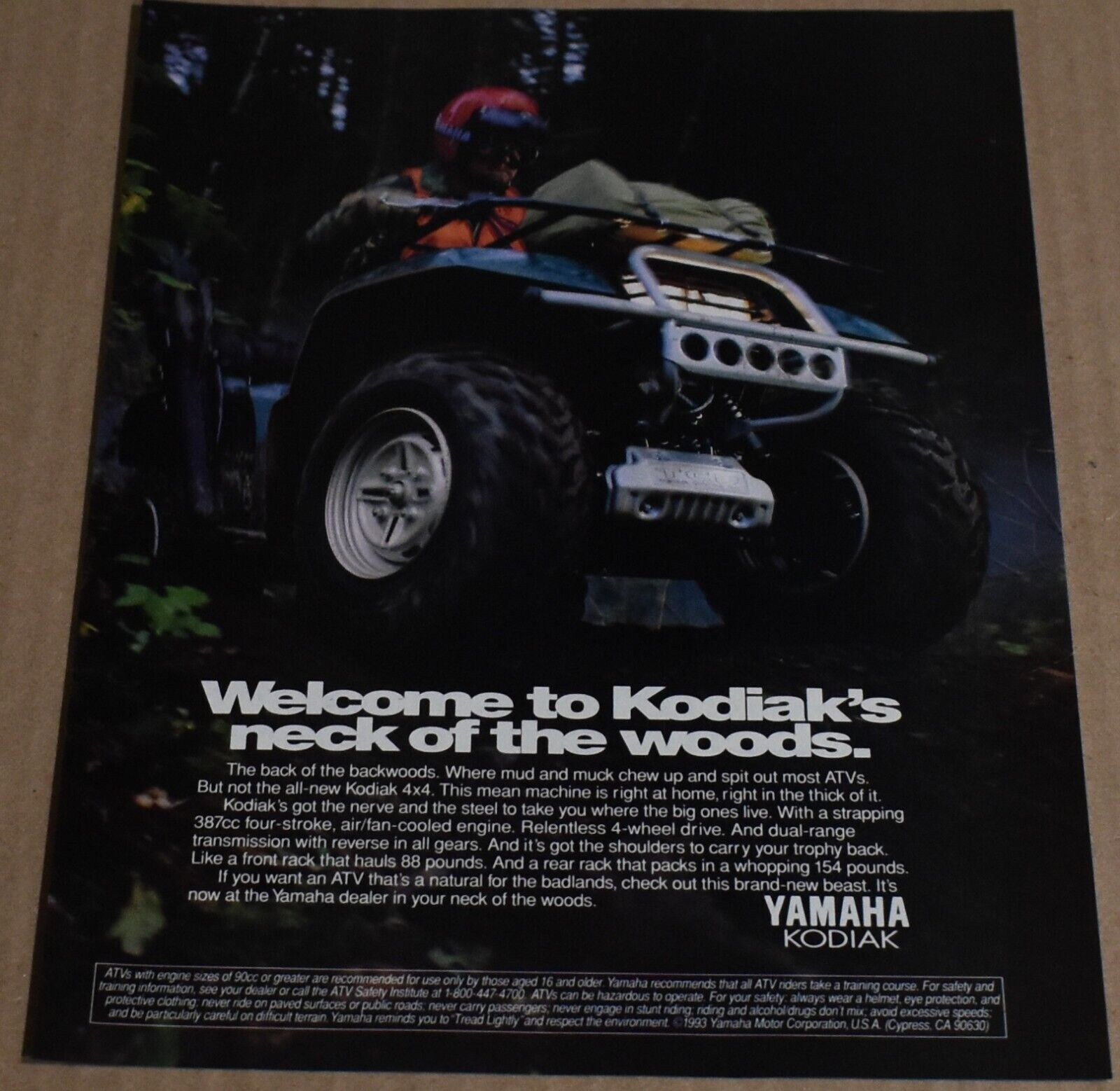 1993 Print Ad Yamaha Kodiak Backwoods ATV 4x4 Four Wheeler Man Hunt Woods Art