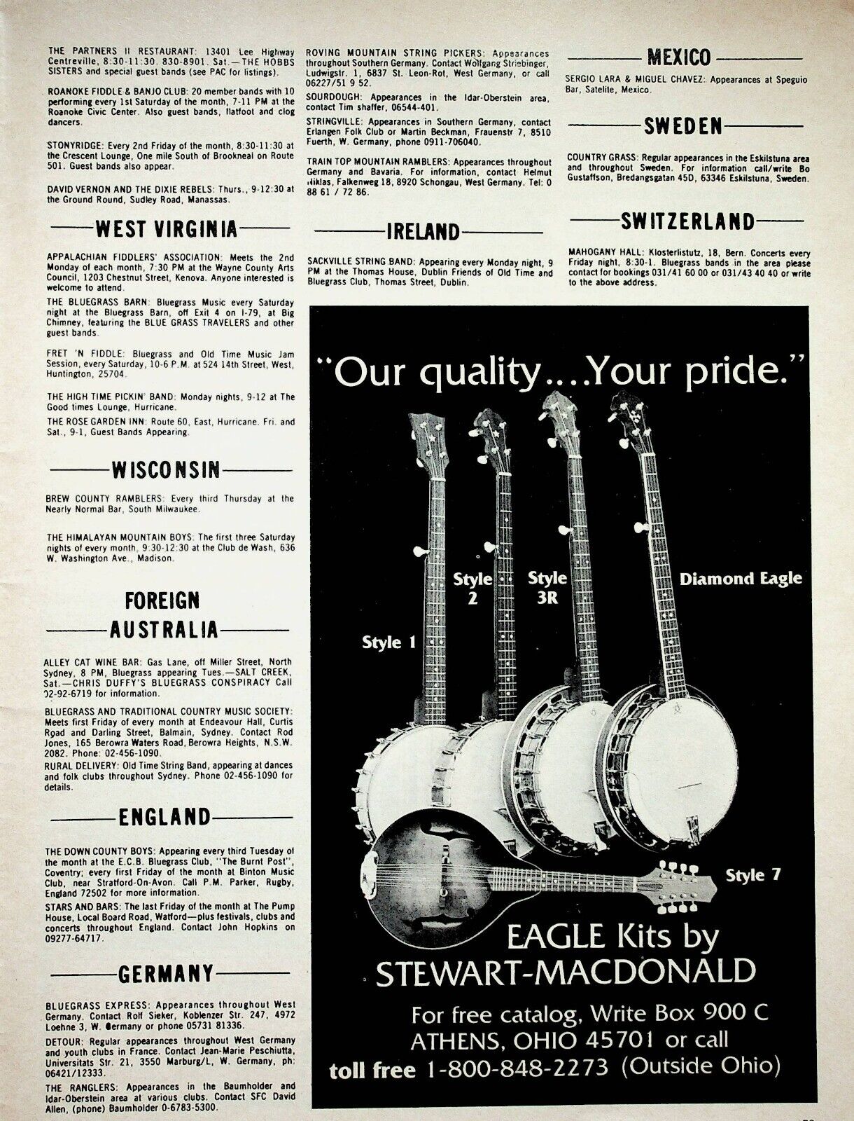1980 Athens Ohio Stewart-Macdonald Banjos Mandolin Eagle Kits - Vintage Ad