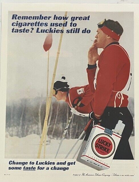 1961 Original Vintage Rare Lucky Strike Cigarettes Downhill Skiing Ski Ad