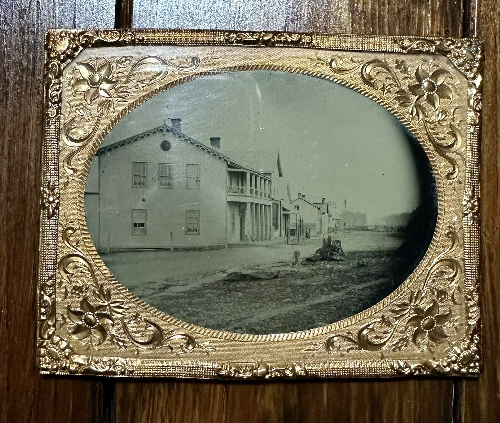 Tintype Photo 1860s Civil War Era Outdoor Town Street Scene Signs People