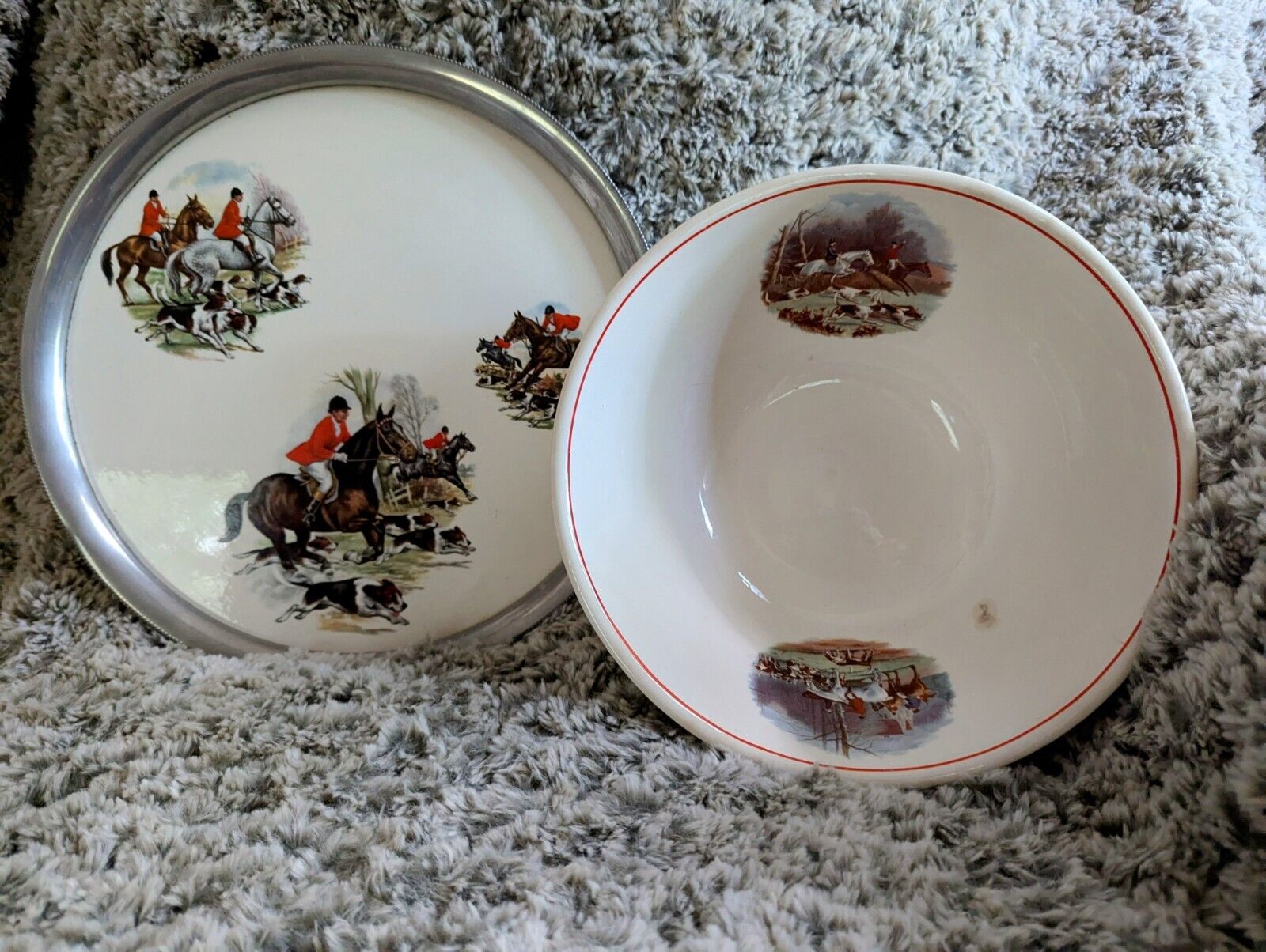 Vintage, Equestrian Bowl and Pewter Rimmed Serving Tray.