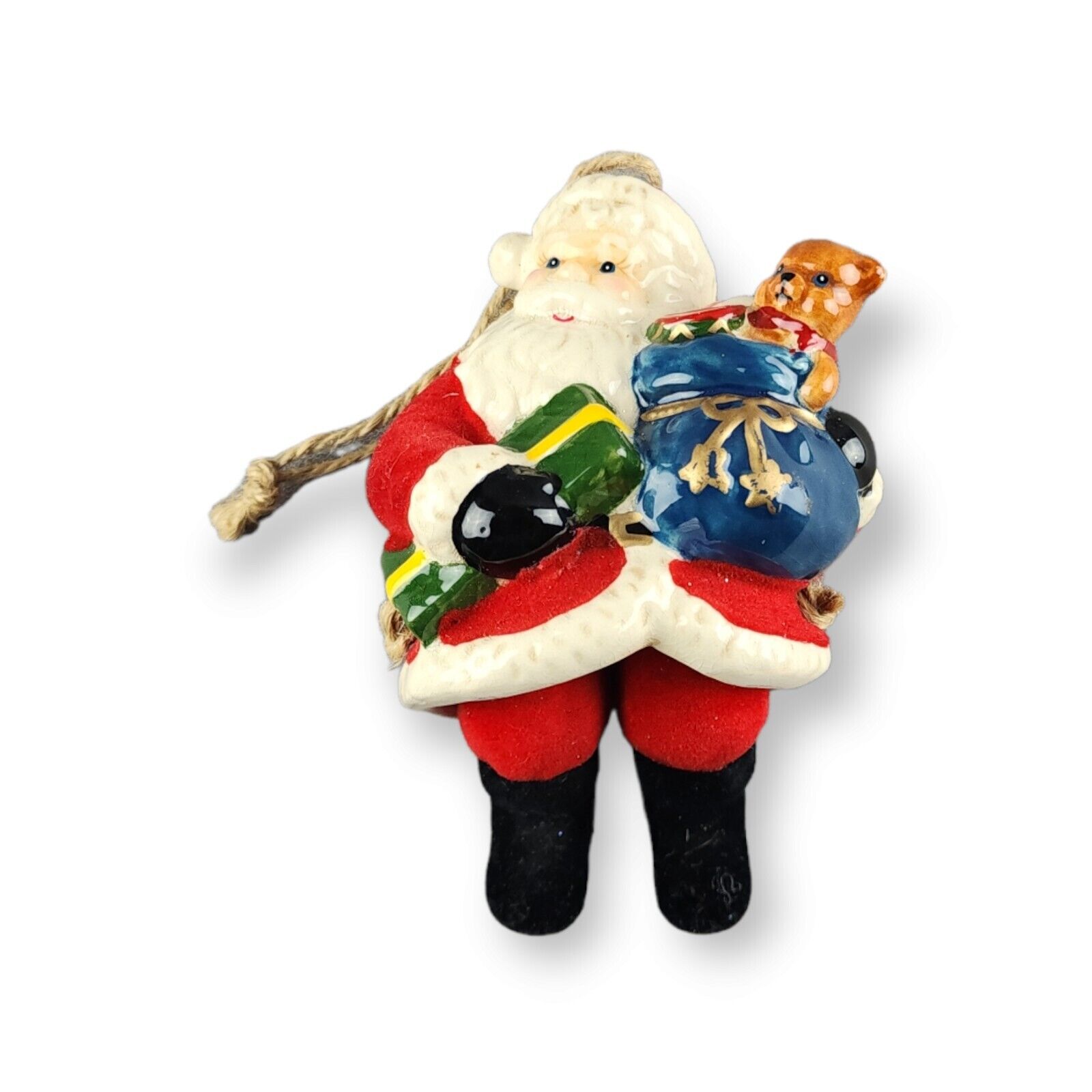 Santa Claus Christmas Ornament Flocked Coat Ceramic Bell with Dangle Legs 