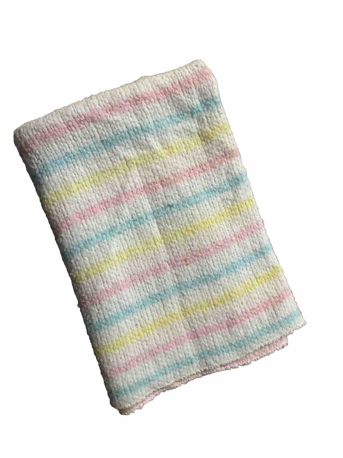 Vintage Baby Blanket Woven Pink Blue Yellow Striped 29 X 34 Acrylic Unisex