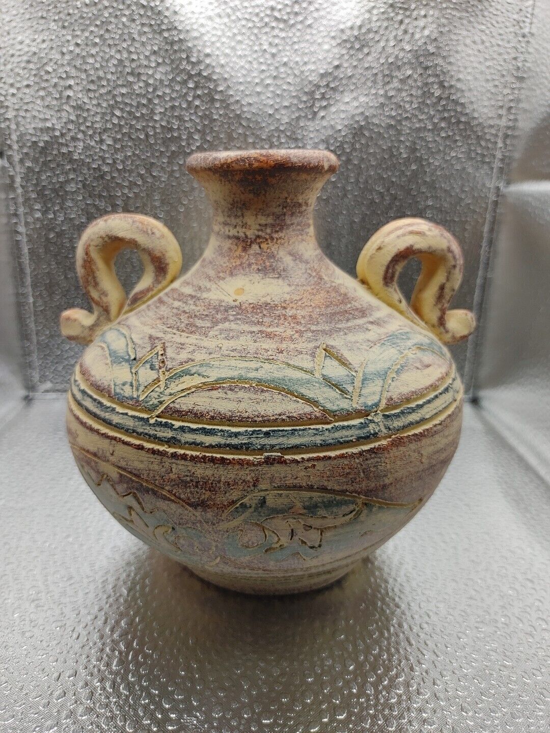 Pottery Jug Primitive Vase Painted Distressed Rustic Aztec Double Loop Handles
