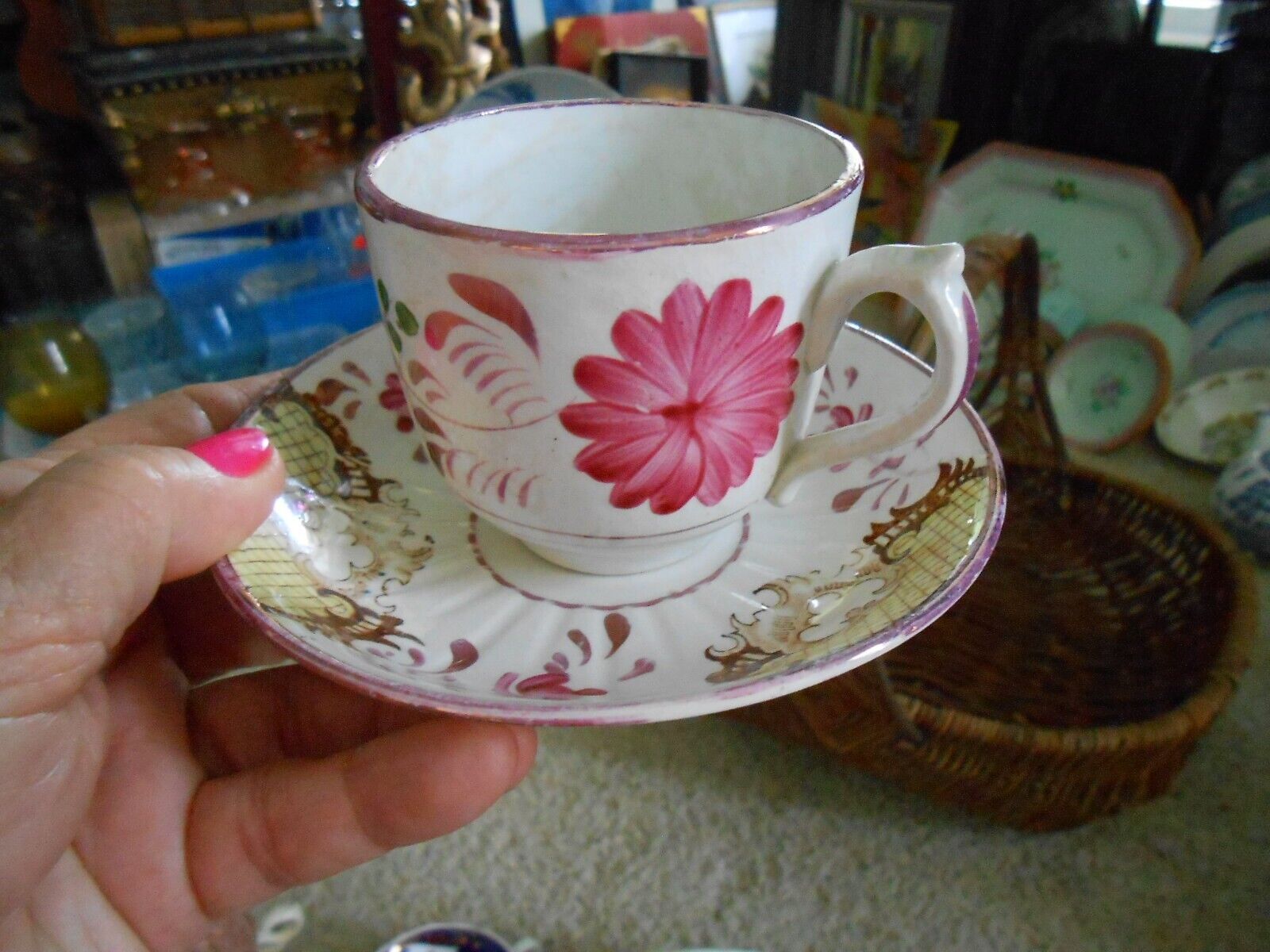 Antique Staffordshire English Pink Luster Cup & Saucer c. 1830s C.A. & Sons