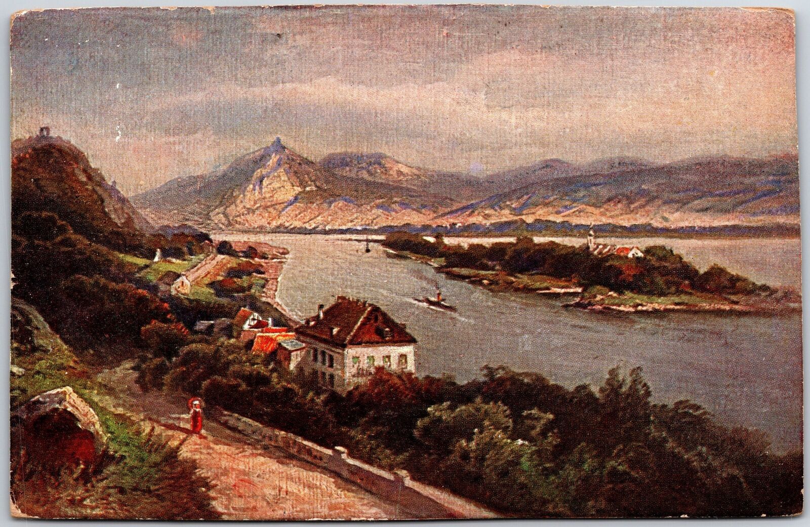 Rolandseck Germany Painting Mountain Hiking Trail Houses Building Postcard