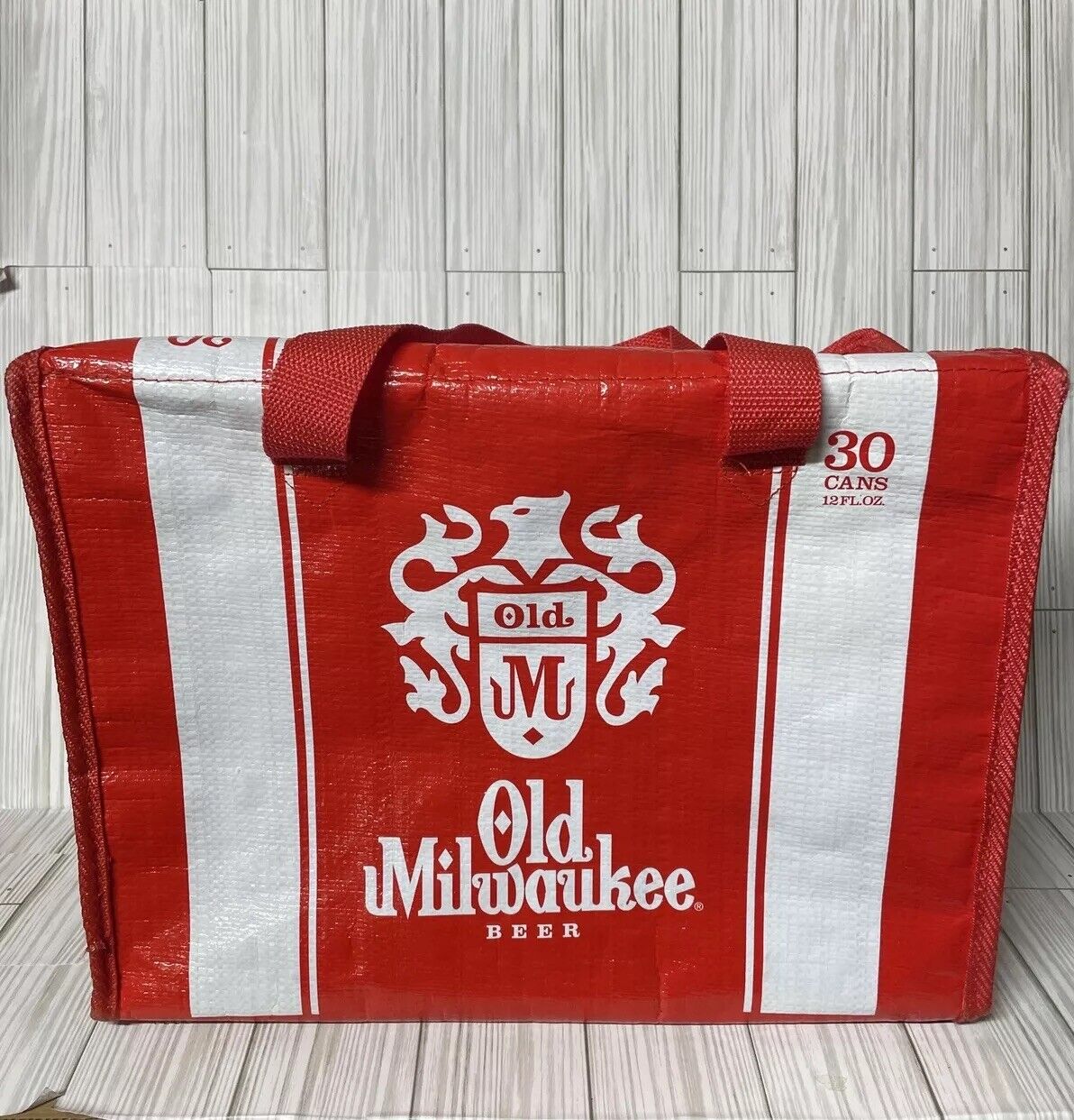 Old Milwaukee Vintage Collapsible Red And White Beer Cooler Double Zipper
