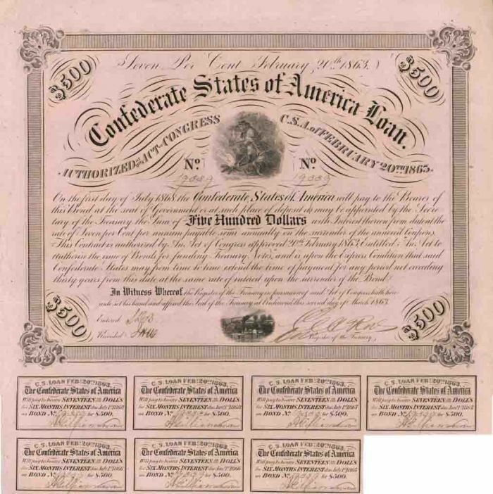 $500 Confederate States of America - Criswell-121 Civil War Bond - Confederate B