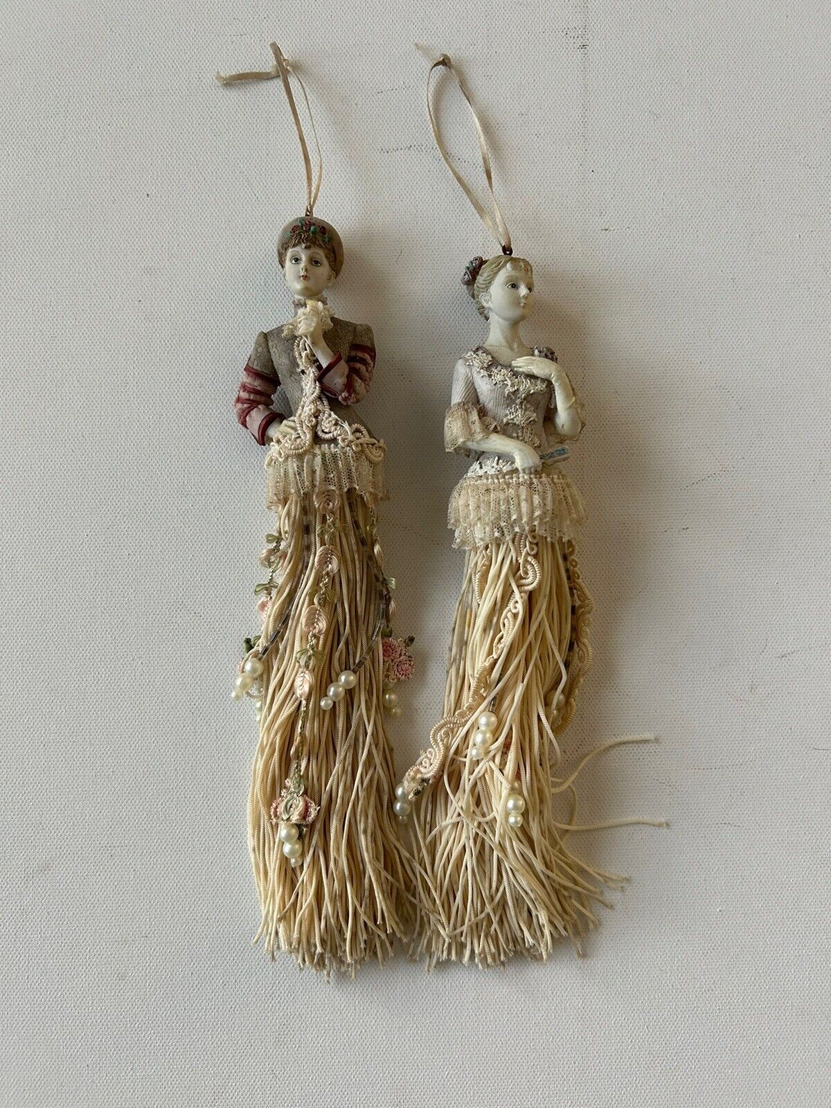 Set Of 2 Vintage Beautiful Porcelain Victorian Style Beaded Tassel Dolls Hanging