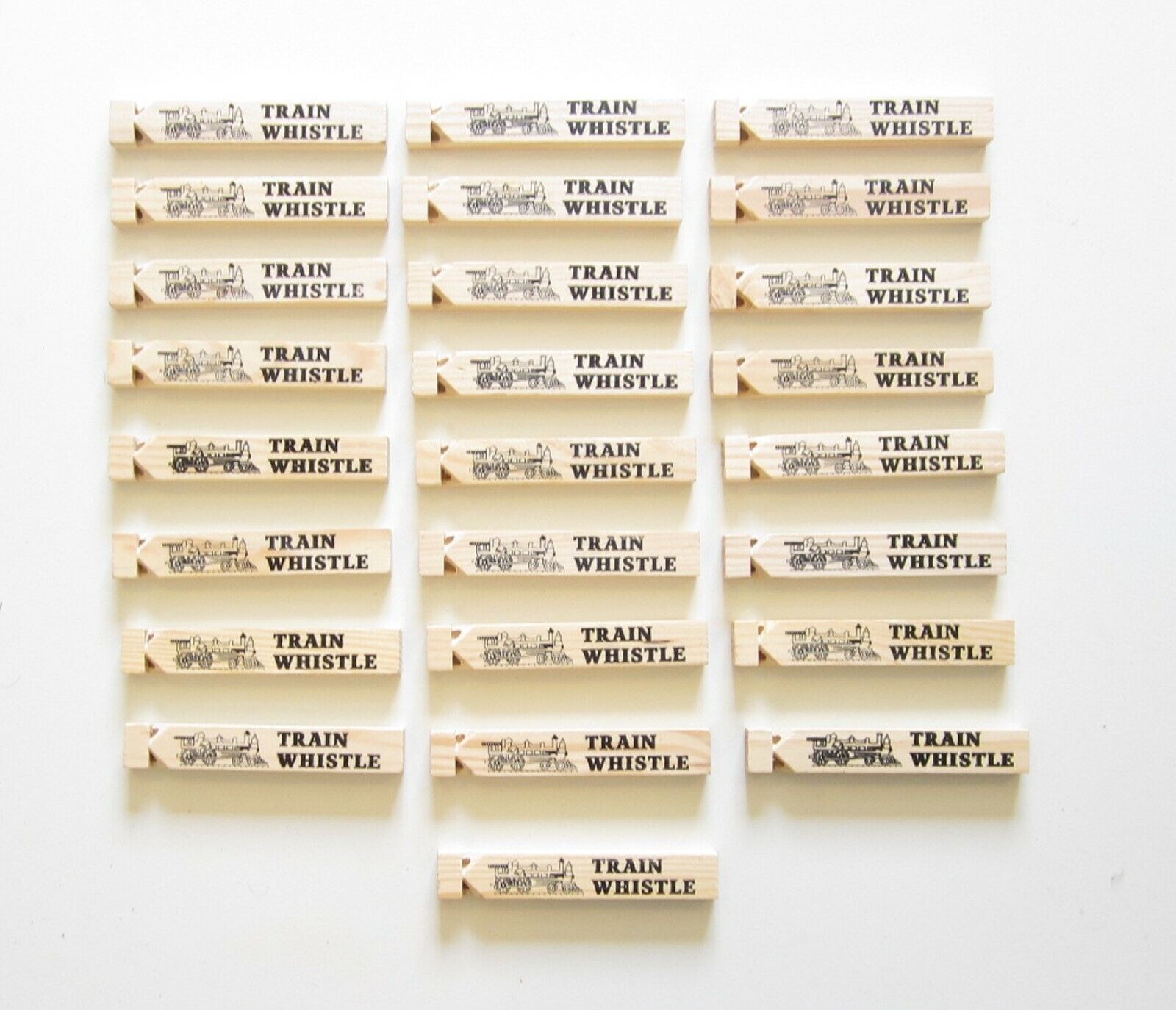 25  WOODEN TOY TRAIN WHISTLES 6.75\