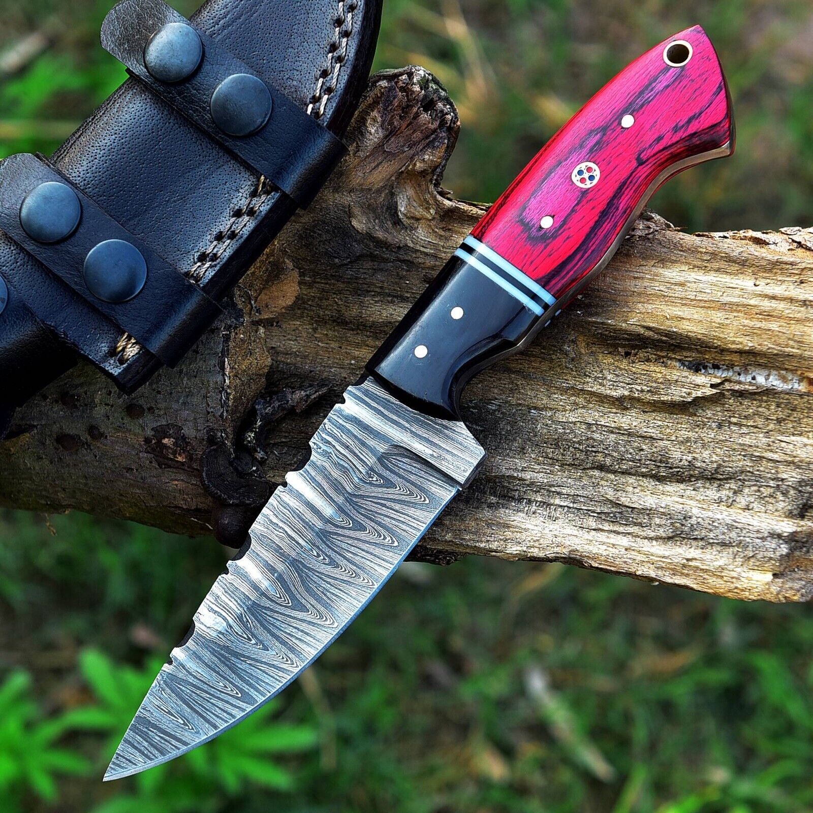 AA Knives Handmade Damascus Hunting knife with buffalo Horn & Pakka Wood Handle
