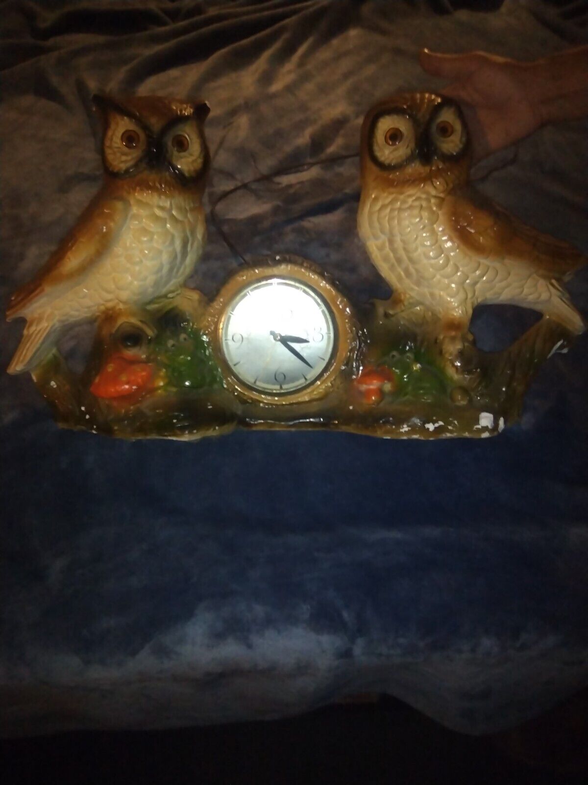 Vintage 1980s Double Owl Ceramic Mantle Electric Clock Tested & Working 28 Inchs