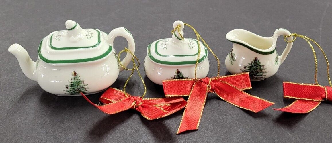 Vintage 2005 Spode Christmas Tree Miniature Tea Pot, Sugar & Creamer Set
